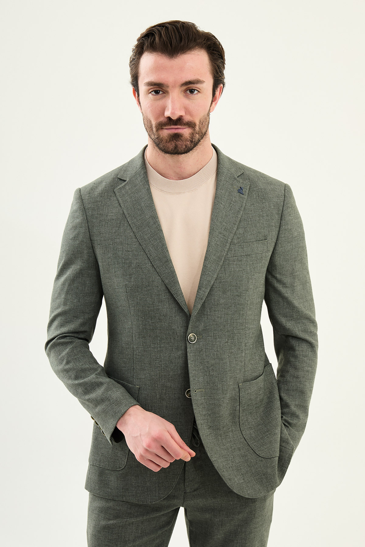 Mcr Kırçıllı Slim Fit Mono Collar Pocket Trousers Drawstring Men's Suit Khaki - 45434.26Y