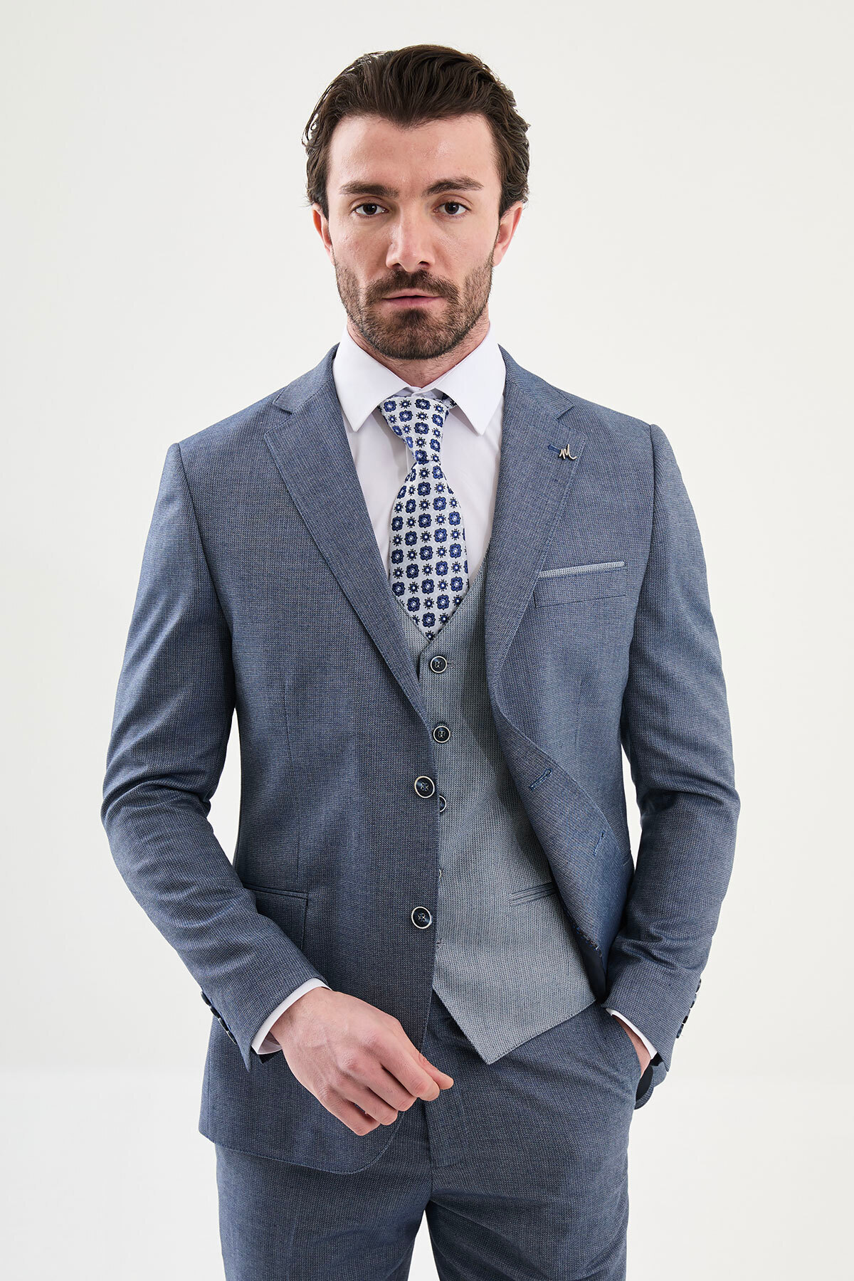 Mcr Patterned Slim Fit Men's Suit with Mono Collar Combination Navy Blue - 45446.26Y