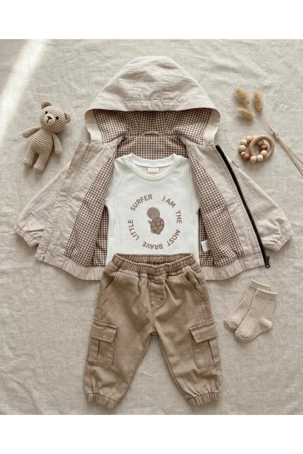 TA&CE Bebek Kapüşonlu Yağmurluk Mont Erkek Bebek 3 lü Takım 6-24 Ay fotoğrafı 3 (önizleme)