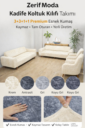zerıf moda Kadife Koltuk Kılıfı Takımı 3+3+1+1 Esnek Lastikli Kaymaz Tam Otur...