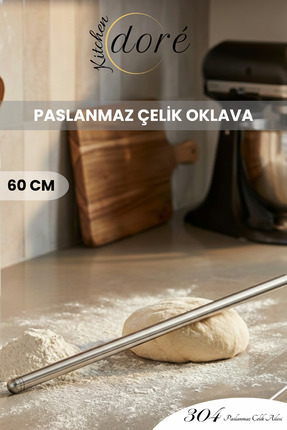 KitchenDORE 60 cm Gümüş Tasarım Paslanmaz Çelik Oklava 304 Çelik İnce Hamur A...