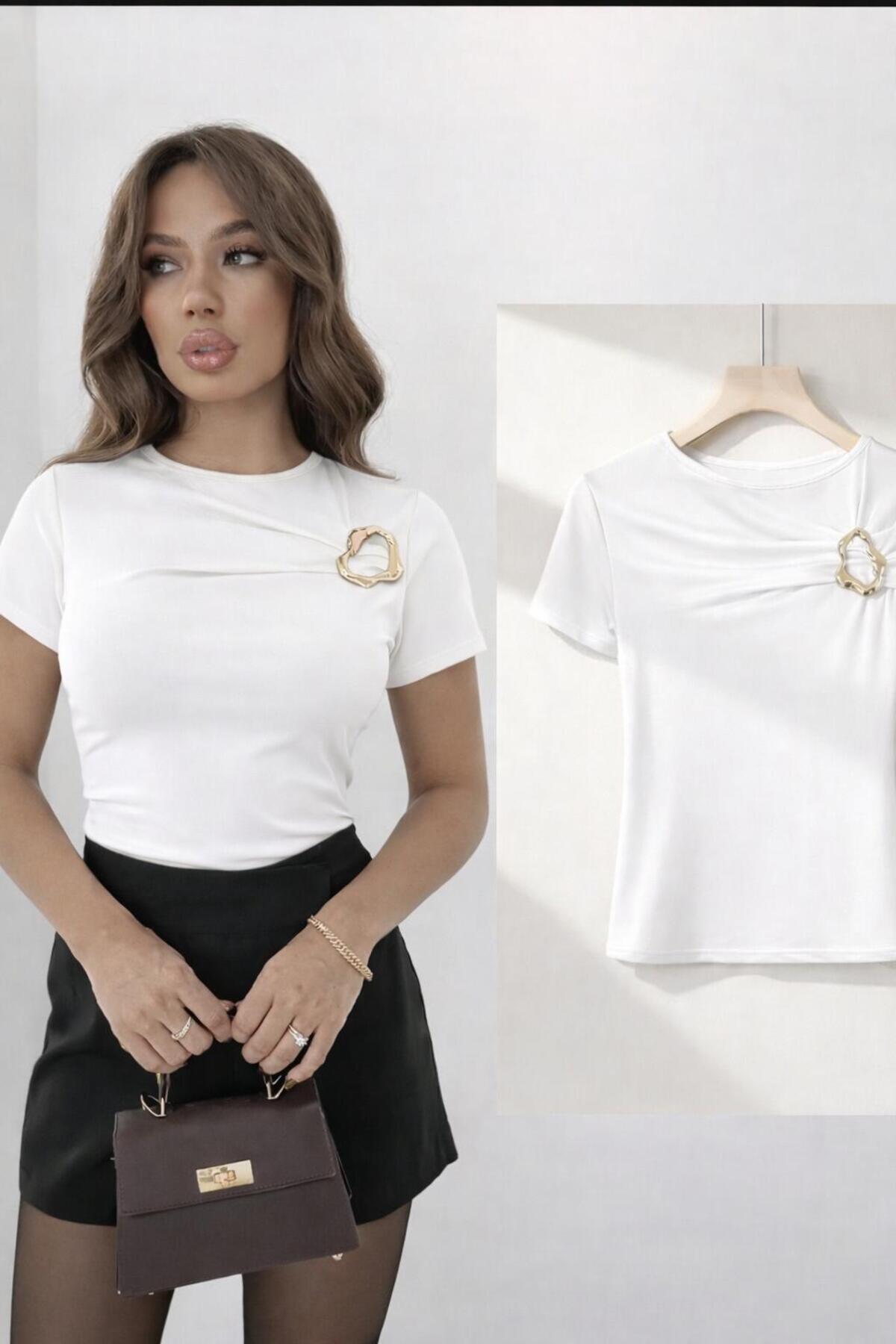 NEW SEASON Women's Buckle Chest Detailed Sandy Short Sleeve Blouse 0074