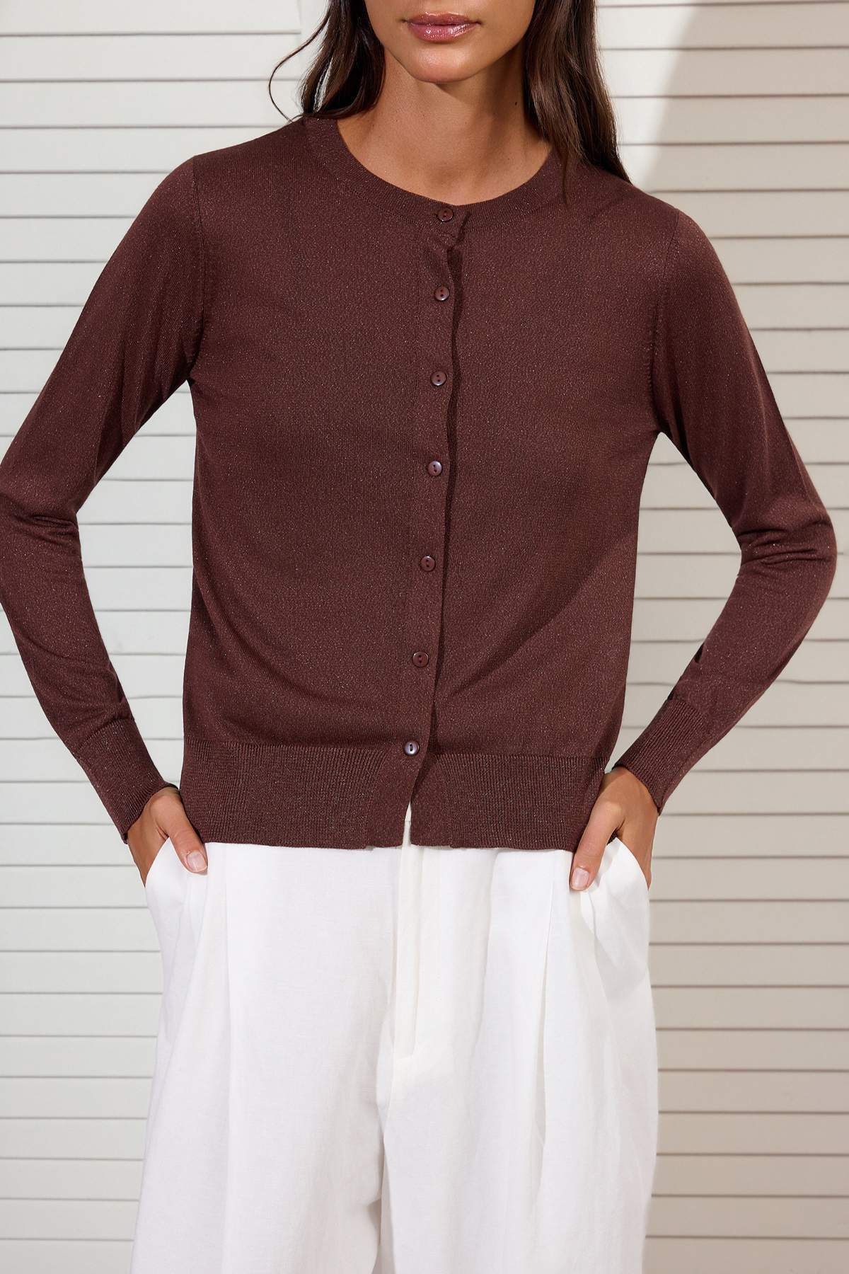 Trendyolmilla  Kahverengi 2'li Yazlık Özel İplik Dantel Detaylı Triko Bluz-Hırka TWOSS26HI00016 - Görsel 3