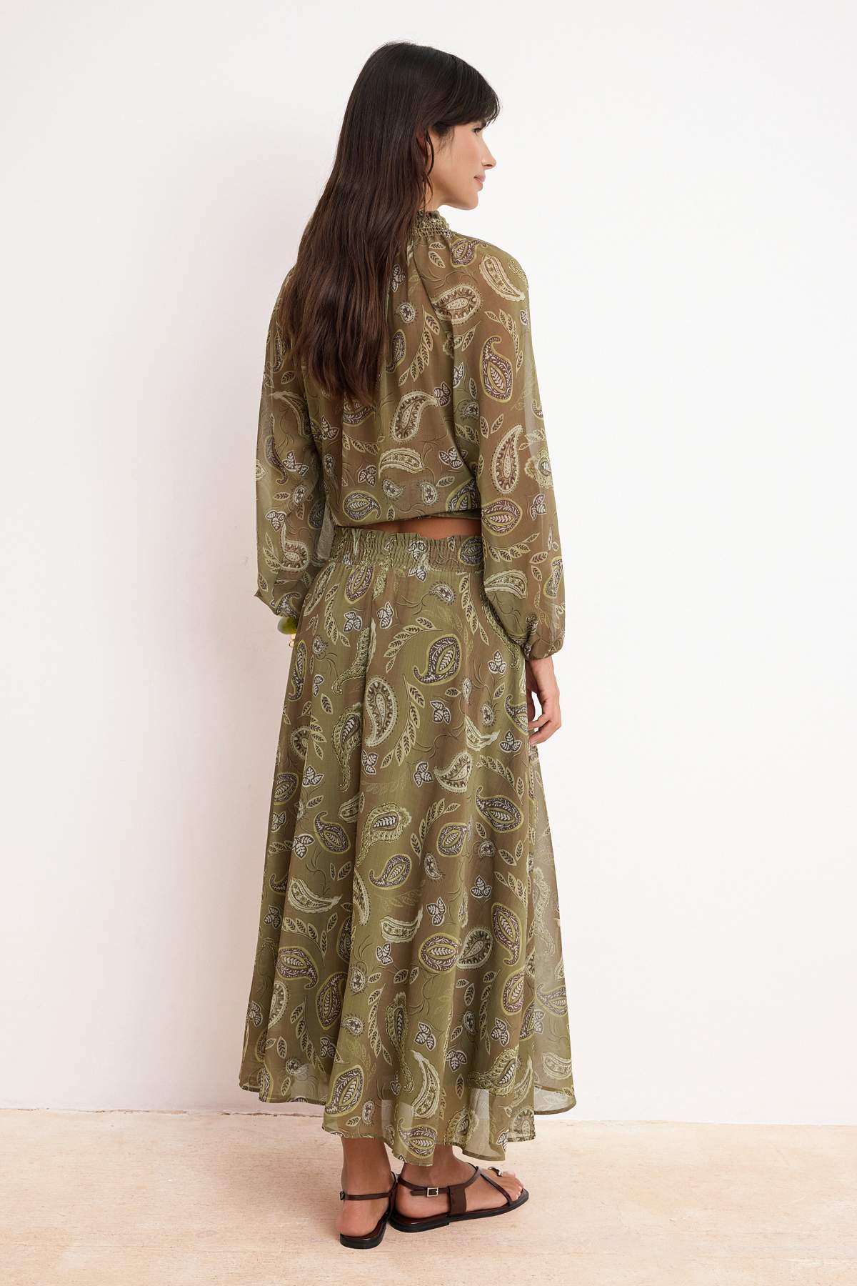 Trendyolmilla  Haki Renkli Şifon Etnik Desenli Astarlı Maxi Uzun Etek TWOSS26ET00050 - Görsel 4