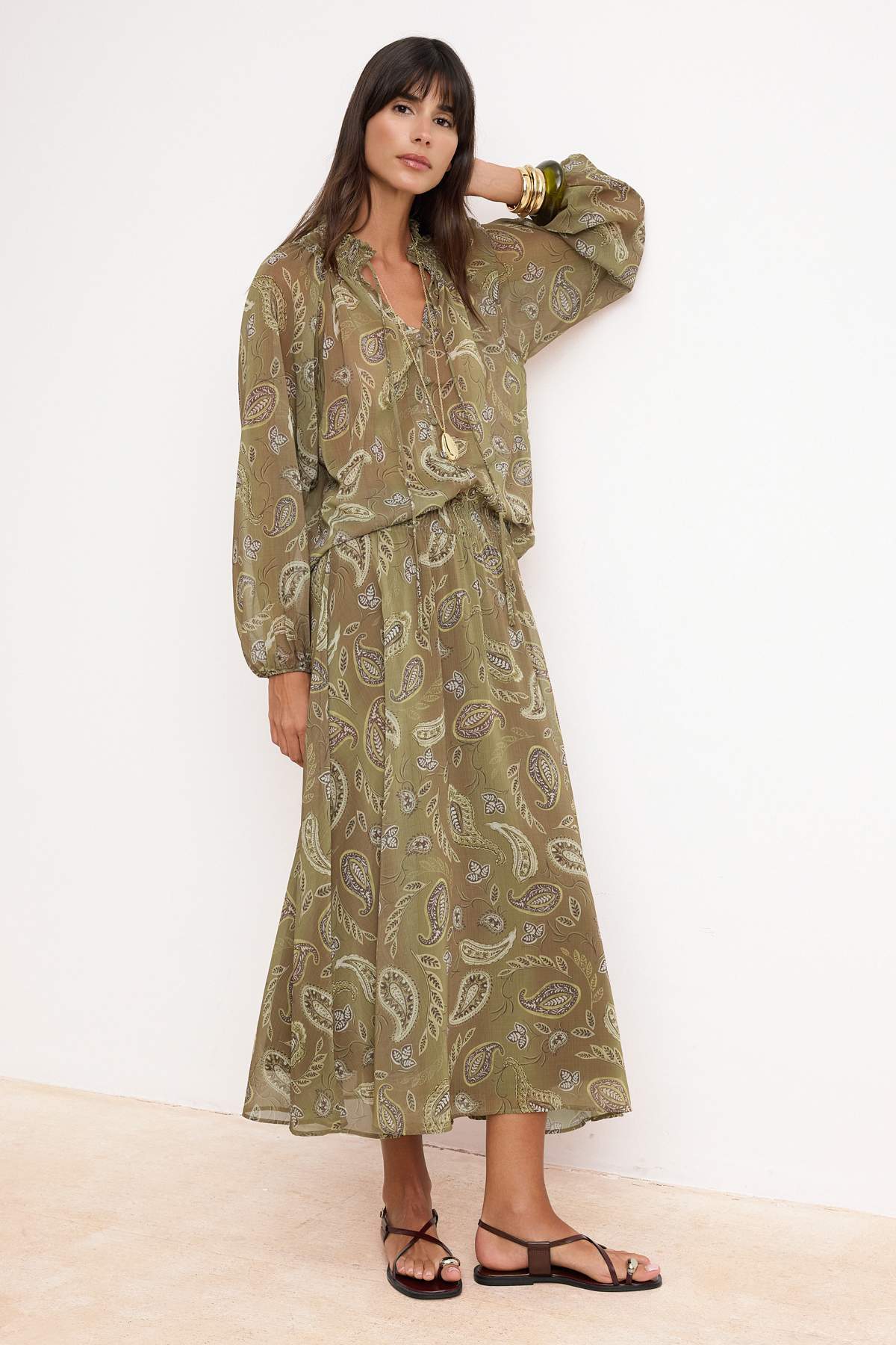 Trendyolmilla  Haki Renkli Şifon Etnik Desenli Astarlı Maxi Uzun Etek TWOSS26ET00050 - Görsel 2