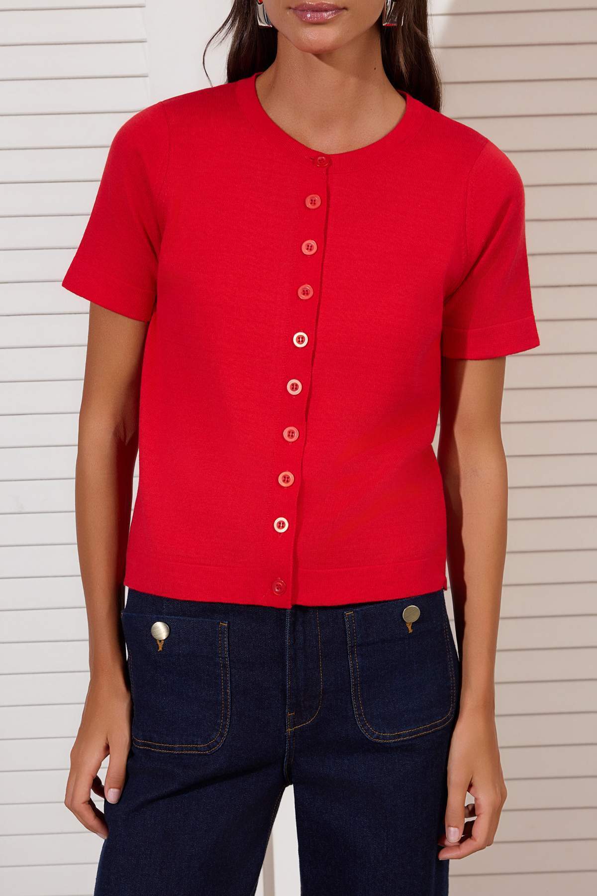 Trendyolmilla  Kırmızı Bisiklet Yaka 2'li Bluz-Hırka Triko Hırka TWOSS26HI00014 - Görsel 3