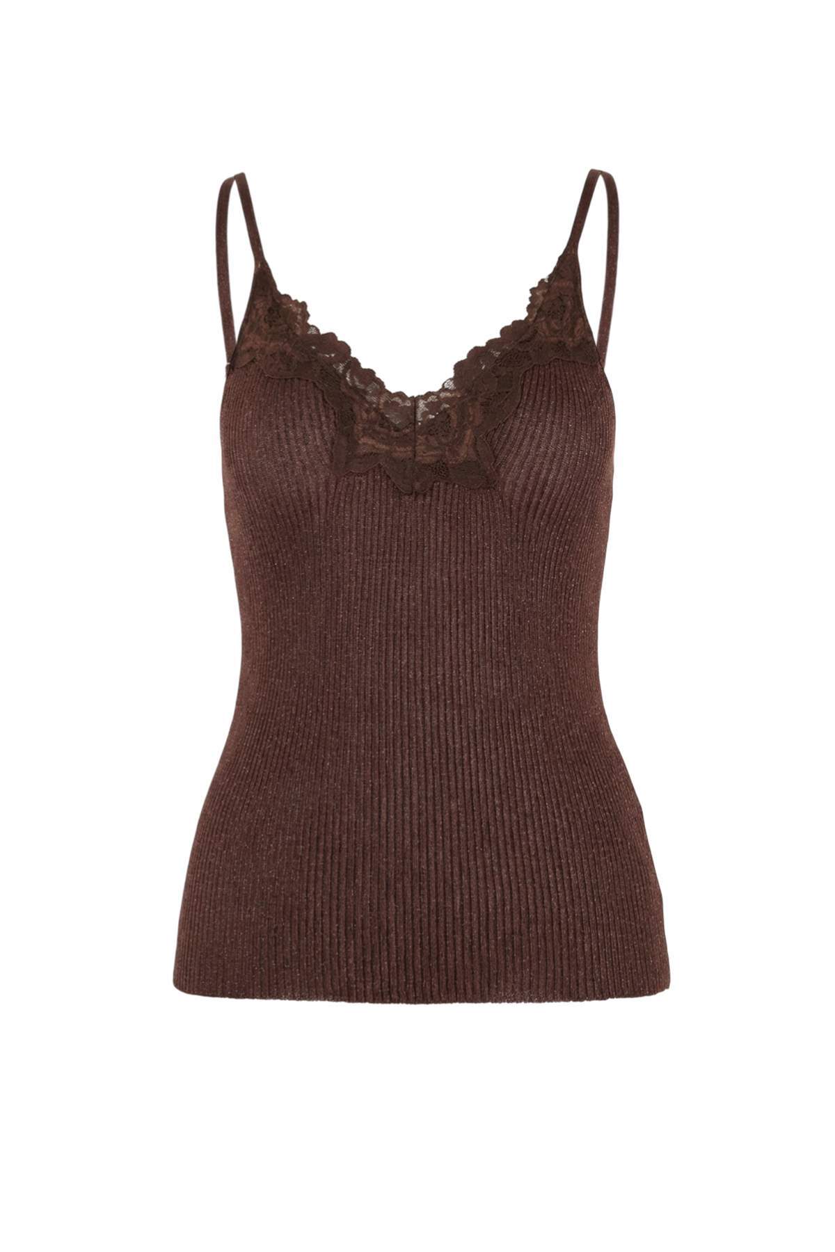 Trendyolmilla  Kahverengi 2'li Yazlık Özel İplik Dantel Detaylı Triko Bluz-Hırka TWOSS26HI00016 - Görsel 5