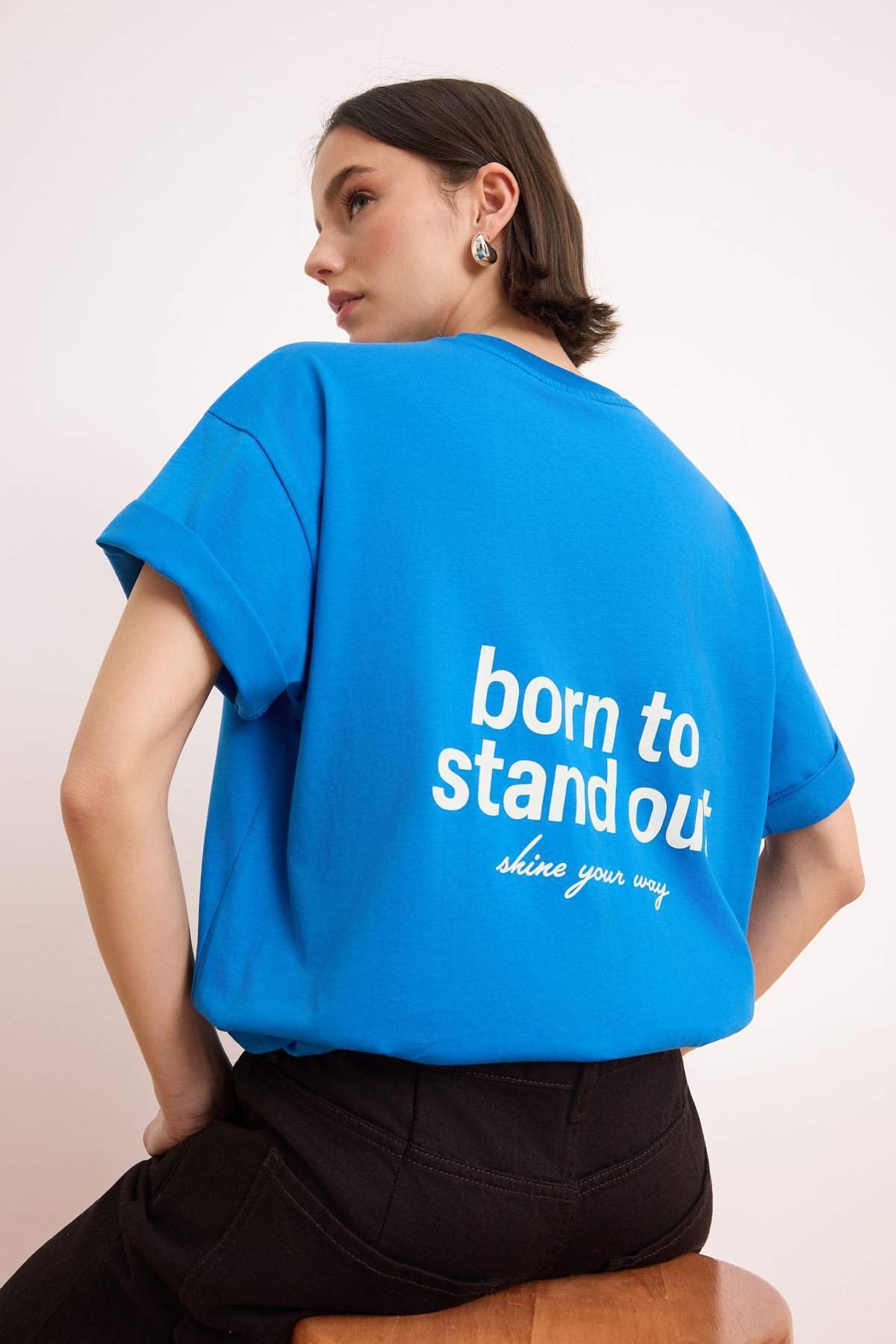 Trendyolmilla Saks Slogan Oversize/Geniş Kalıp Sırt Baskılı Uzun