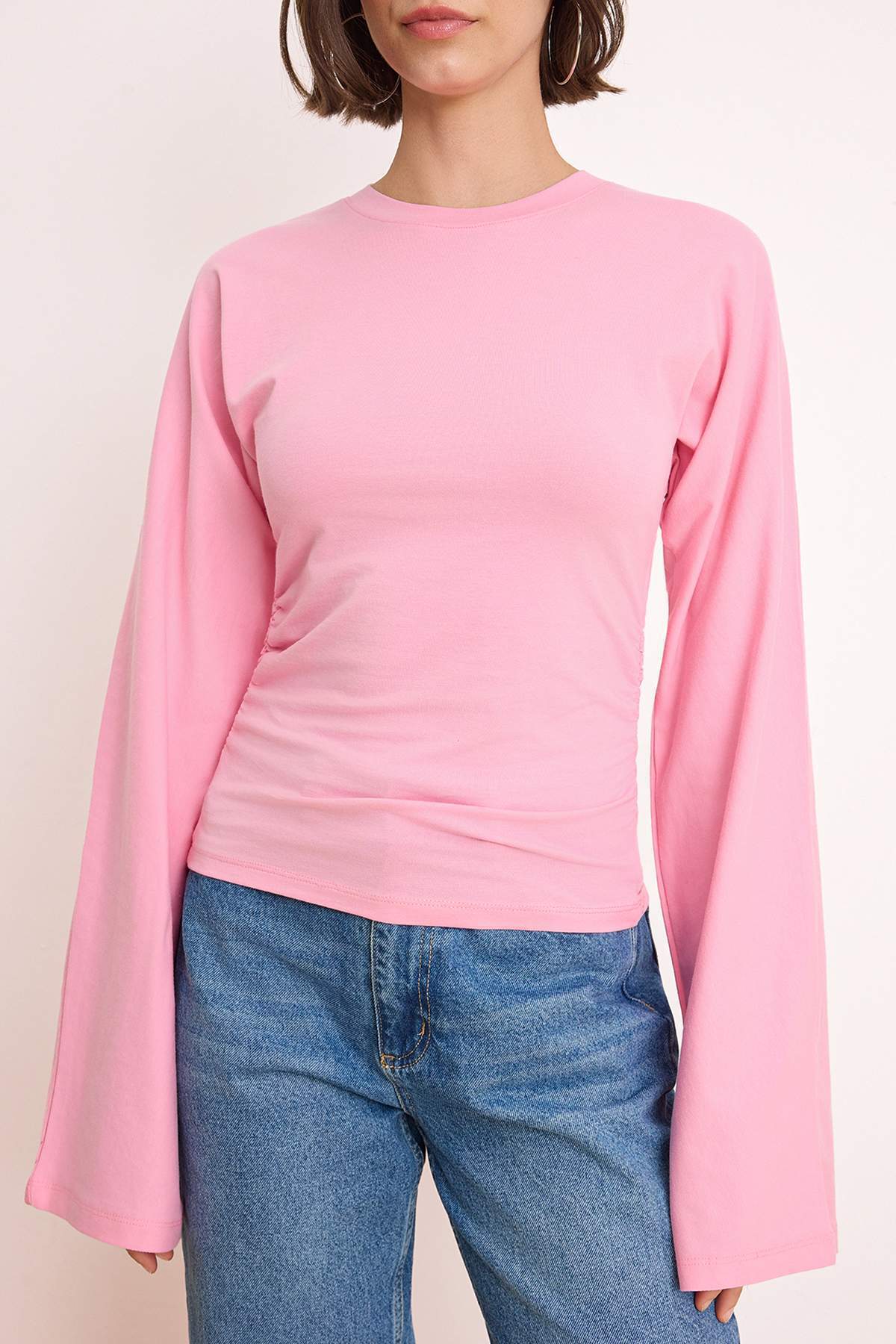 Trendyolmilla  Pembe İspanyol Kol Büzgü Detaylı Regular/Normal Kalıp Örme Bluz TWOAW26BZ00293 - Görsel 3