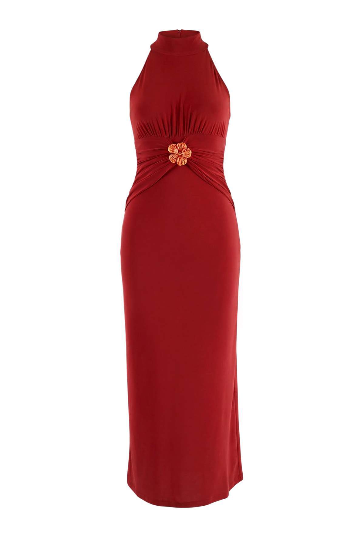 Trendyolmilla  Kiremit Bodycon Halter Yaka Kolsuz Aksesuar Detaylı Midi Esnek Örme Elbise TWOSS26EL00267 - Görsel 5