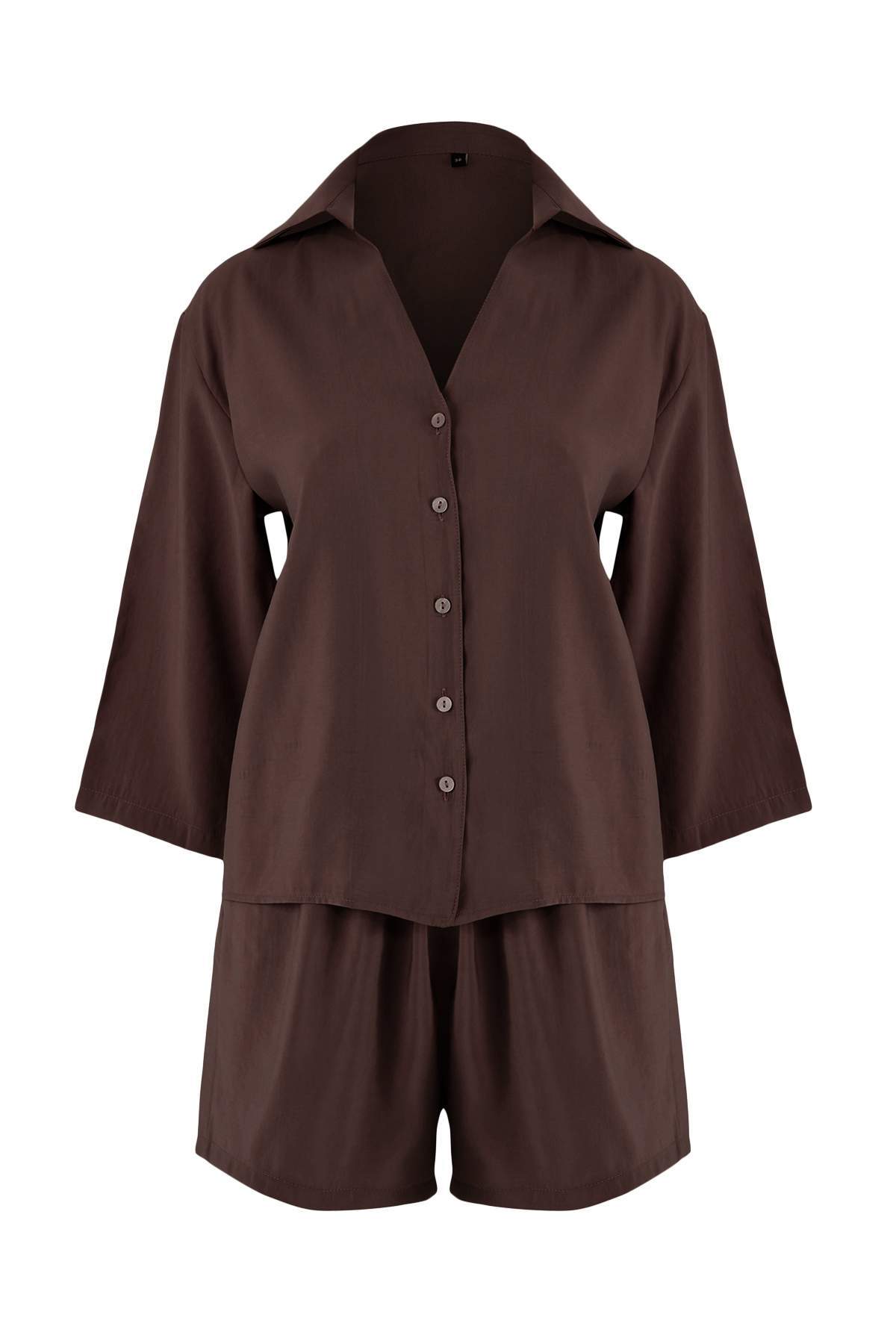 Trendyolmilla  Kahverengi Modal Gömlek Şort Dokuma Alt - Üst Takım TWOSS26AU00073 - Görsel 5