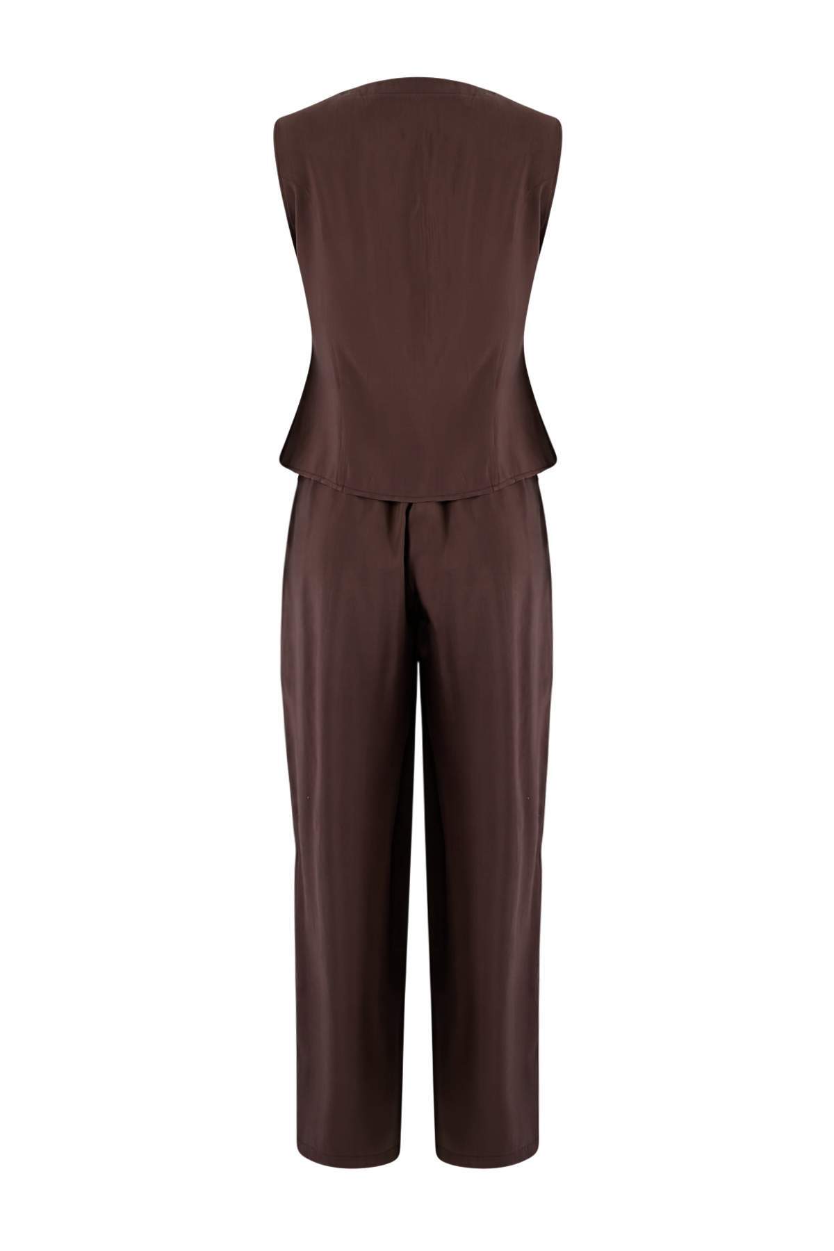 Trendyolmilla  Kahverengi Modal Görünümlü Bluz Pantolon Dokuma Alt - Üst Takım TWOSS26AU00086 - Görsel 6
