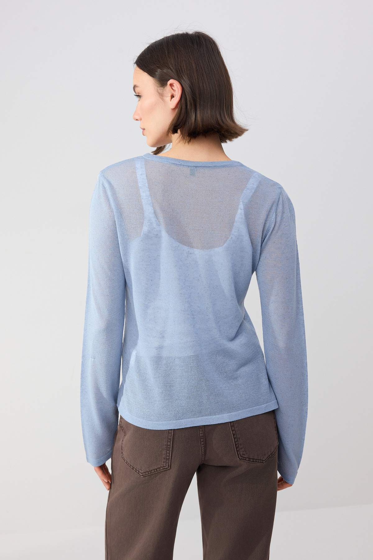 Trendyolmilla  Wardrobe Essentials Mavi Bisiklet Yaka Keten Karışımlı İnce Triko Hırka TWOSS26HI00009 - Görsel 4