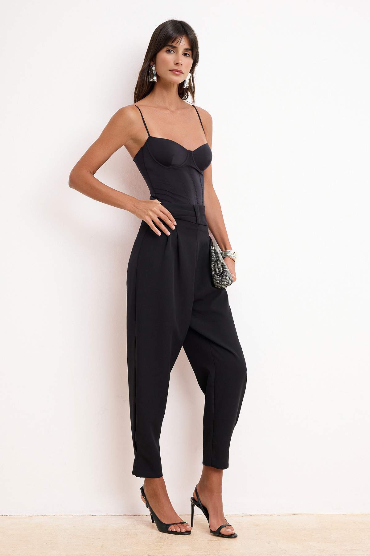 Trendyolmilla  Siyah Yüksek Bel Korsaj Detaylı Dokuma Şık Pantolon TPRSS26PL00004