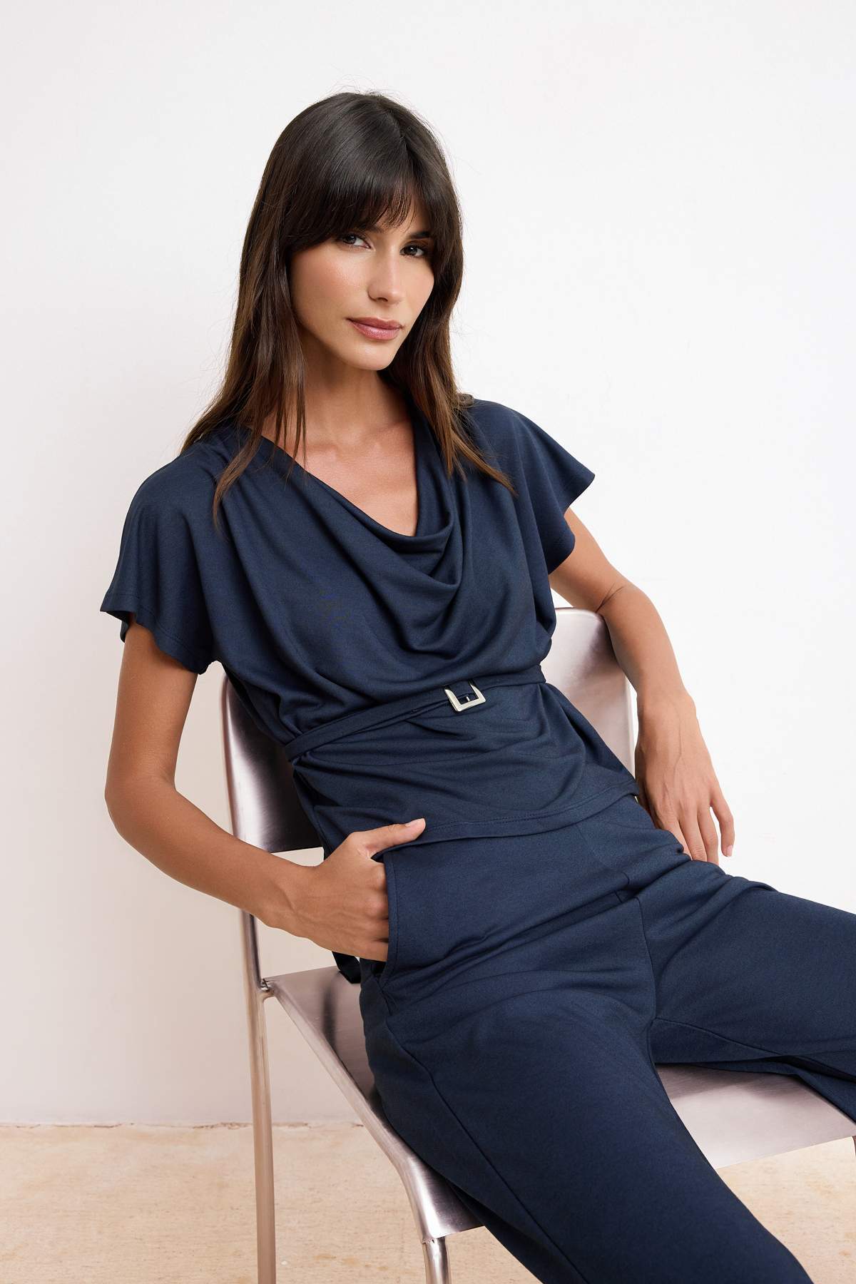 Trendyolmilla  Antrasit Regular Düşük Kol Kolsuz Kemerli Geniş Paça Pike Örme Alt-Üst Takım TWOSS26AU00042 - Görsel 2