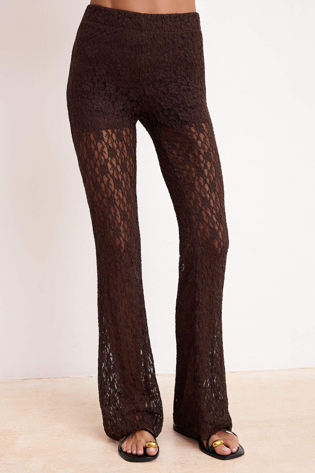 Trendyolmilla  Kahverengi Flare/İspanyol Paça Yüksek Bel Uzun Dantel Örme Pantolon TWOSS26PL00063 - Görsel 3