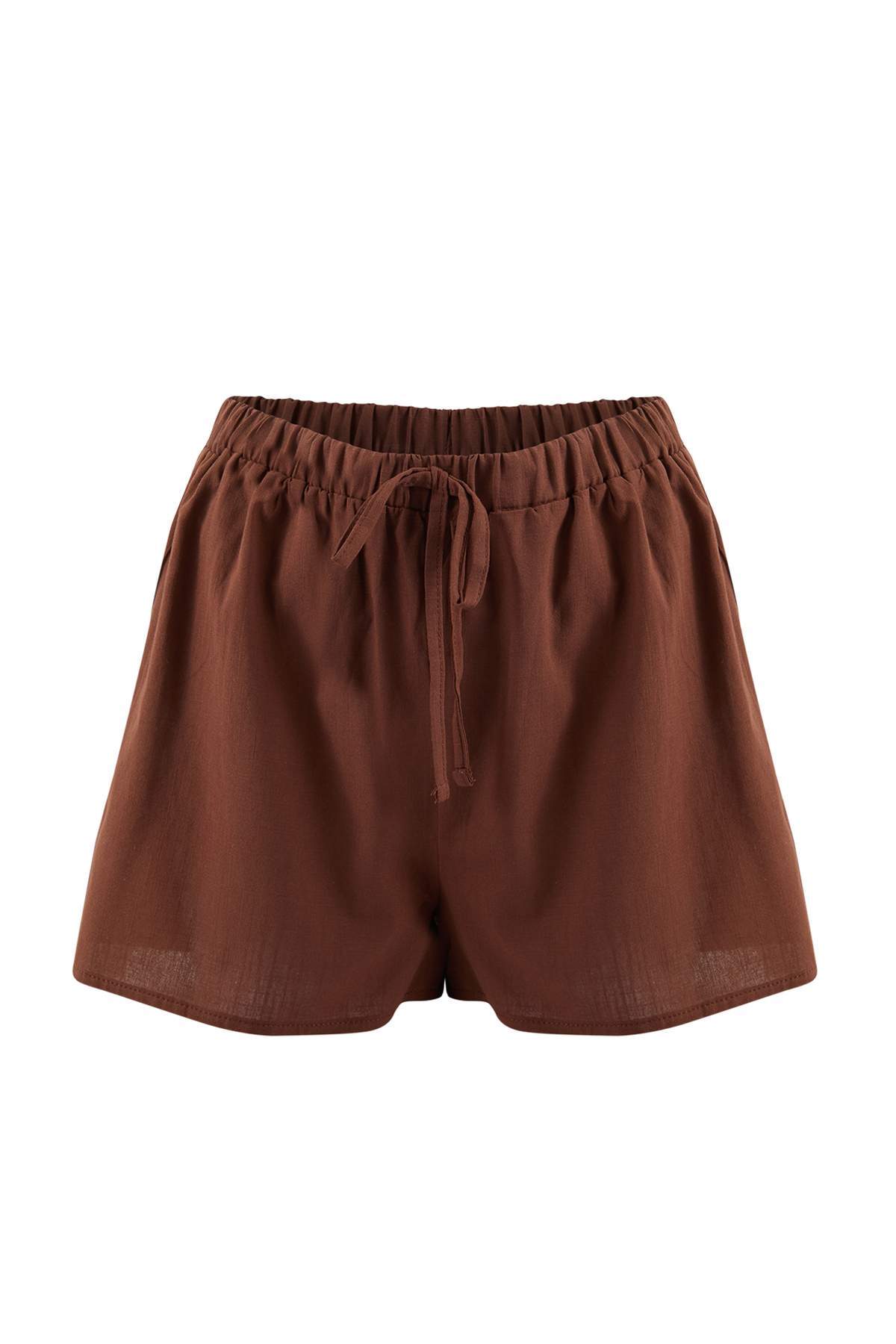 Trendyolmilla  Kahverengi Dokuma Bağlama Detaylı Plaj Mini Yüksek Bel Bluz-Şort Takım TBESS25AU00049 - Görsel 7