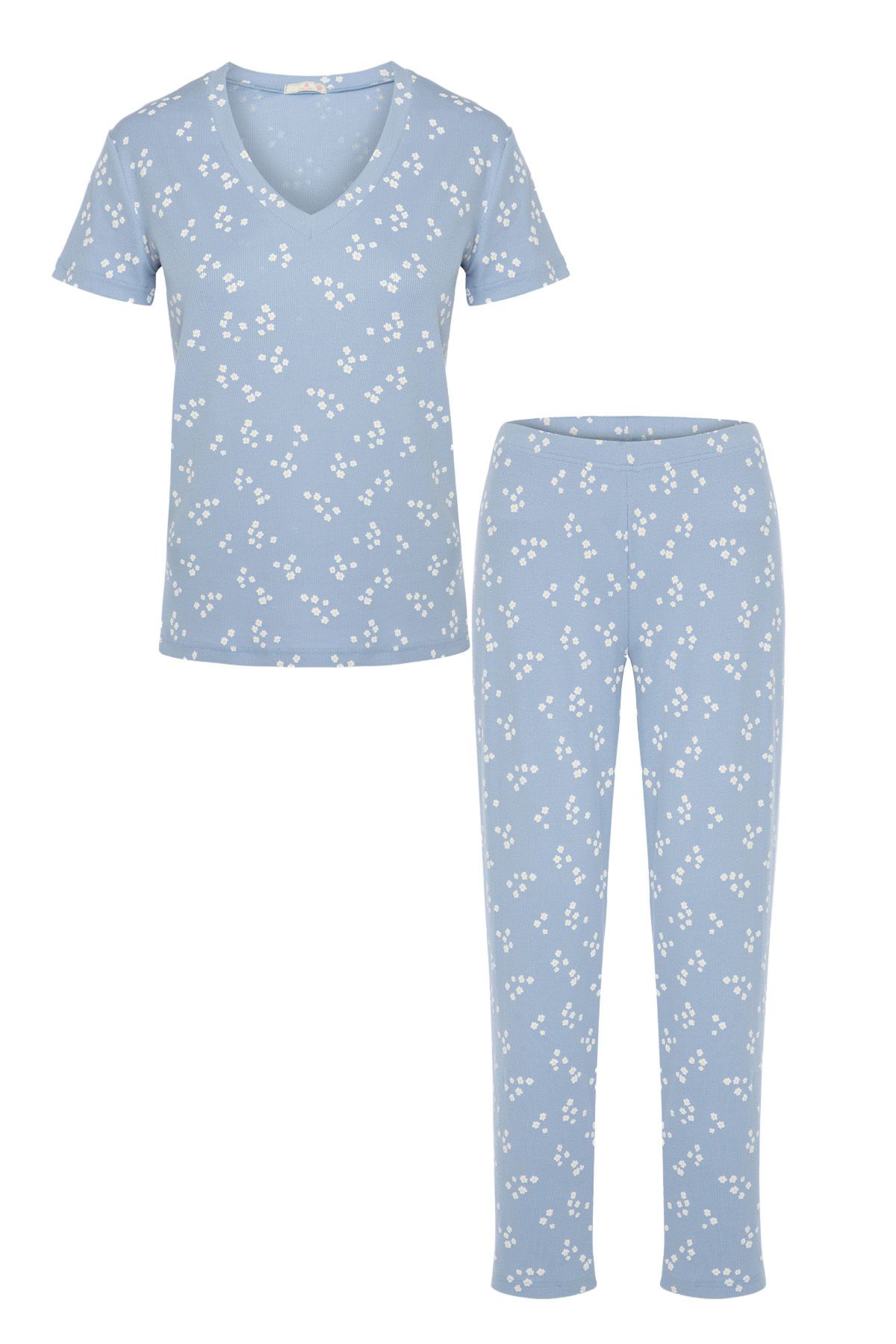 koza iç giyim  Kadın Kısa Kollu Pamuklu Fitilli Kaşkorse Pijama Takımı - Görsel 5