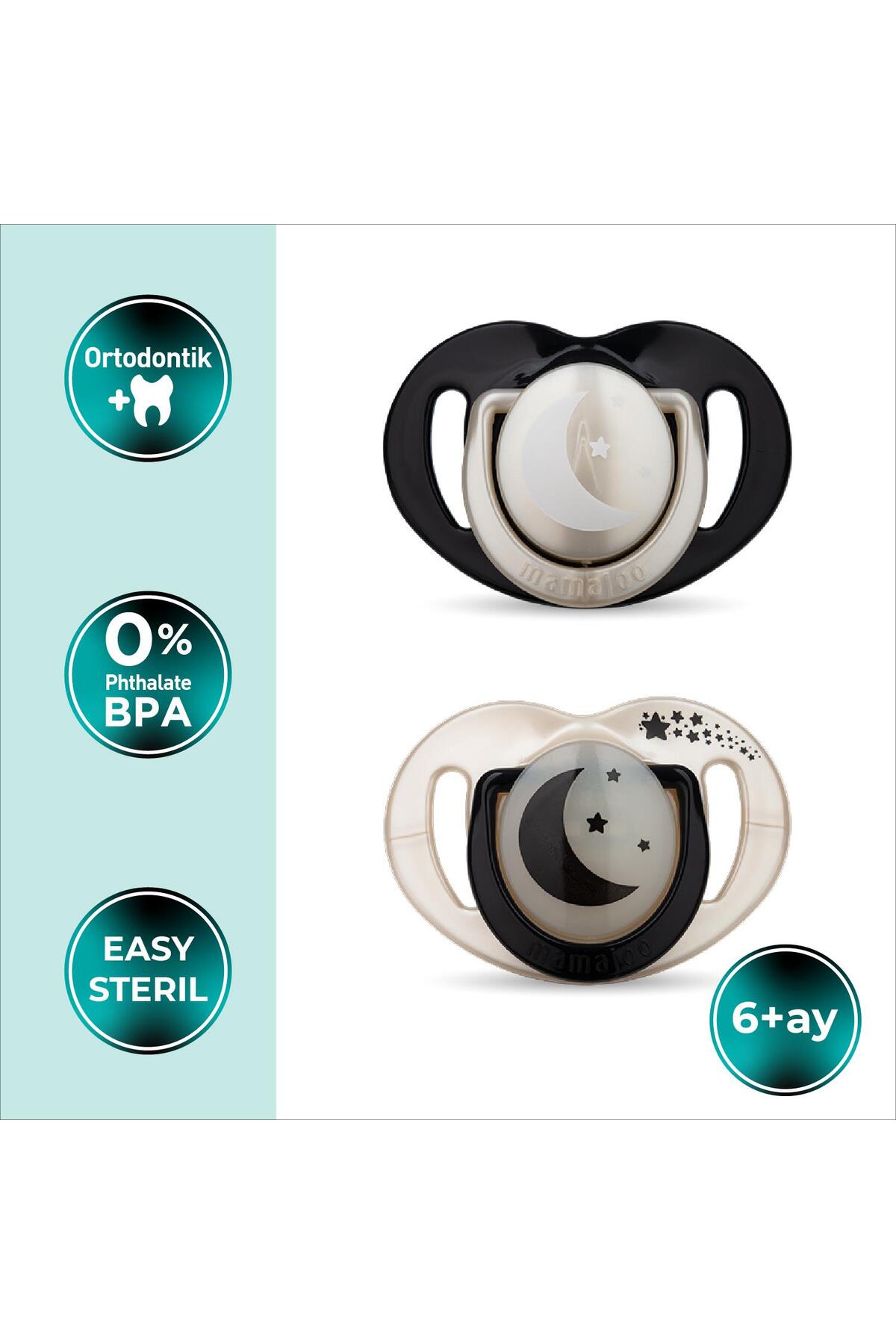 Mamajoo Ortodontik Emzik Seti 0 Ay+ Pearl & Black | İkili, Silikon, Damaklı | Sterilizasyon & Saklam fotoğrafı 2 (önizleme)