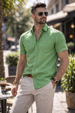 COLVIS MAN Erkek Klasik Kısa Kol Likralı Flam Keten Gömlek Hediye Kutulu Gömlek