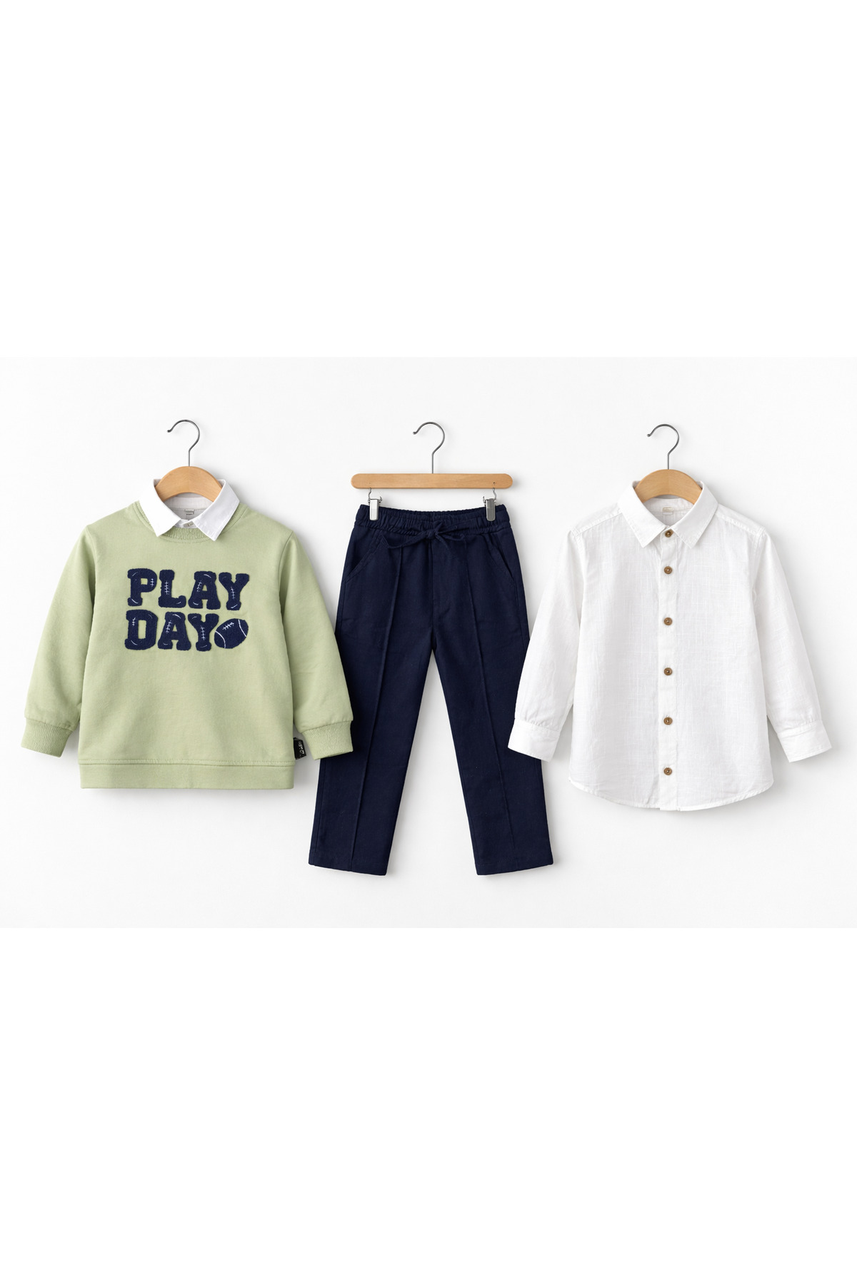 tinytrends Erkek Bebek&Çocuk Play Day Baskılı %100 Pamuk Gömlek Sweatshirt Pantolon 3'lü Takım Elbise Bayramlık fotoğrafı 6 (önizleme)