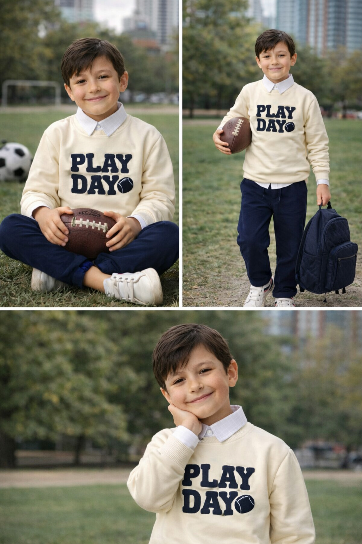 tinytrends Erkek Bebek&Çocuk Play Day Baskılı %100 Pamuk Gömlek Sweatshirt Pantolon 3'lü Takım Elbise Bayramlık fotoğrafı 4 (önizleme)