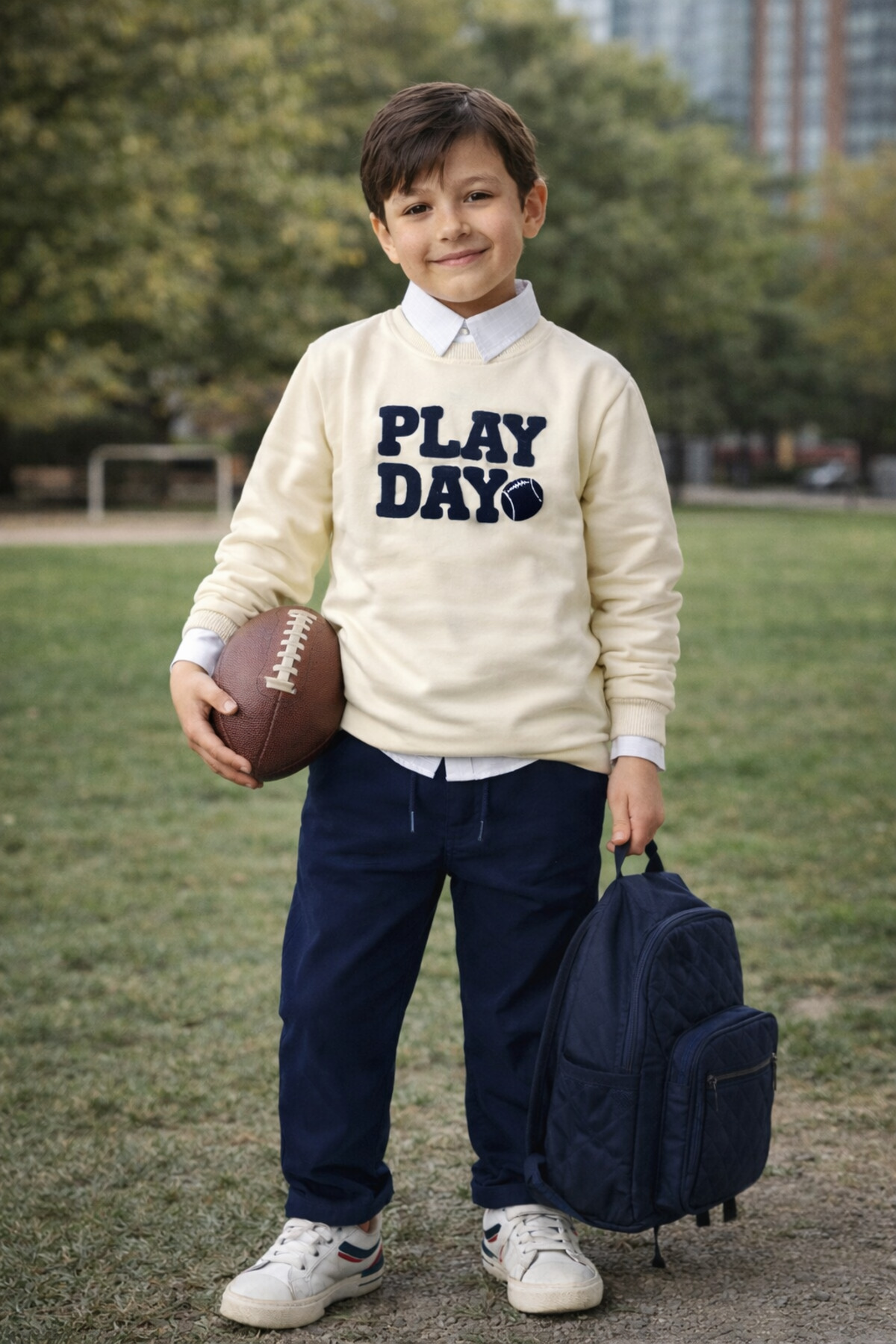 tinytrends Erkek Bebek&Çocuk Play Day Baskılı %100 Pamuk Gömlek Sweatshirt Pantolon 3'lü Takım Elbise Bayramlık fotoğrafı 3 (önizleme)