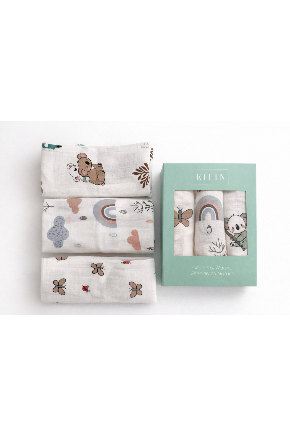 EIFIN Çok Amaçlı Müslin Örtü & Battaniye 3'lü Set %100 Pamuk Oeko-tex Sertifikalı Kutulu fotoğrafı 2 (önizleme)