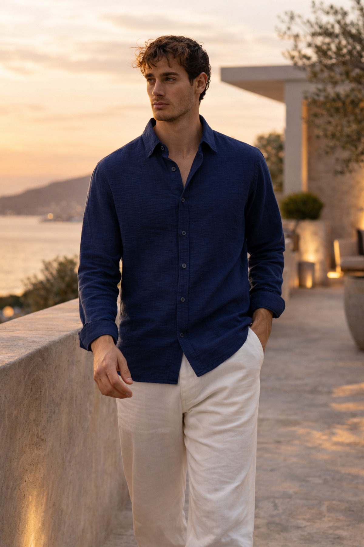 Valiberta  Pera Kumaş Keten Görünümlü Yarım Oversize Uzun kollu Erkek Gömlek - Lacivert - Görsel 5