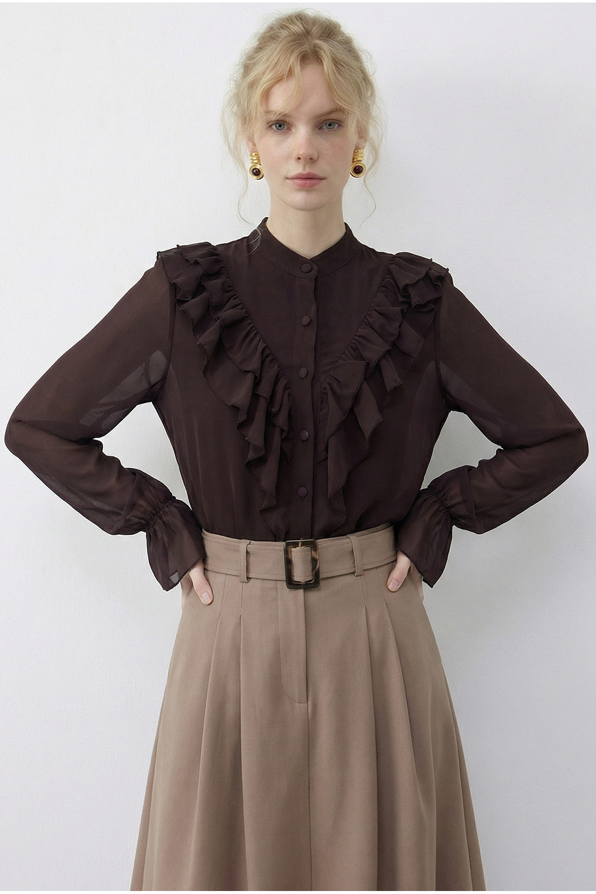 Bianco Lucci  Kadın Volan Detaylı Transparan Şifon Gömlek 0945 60283964 - Görsel 3