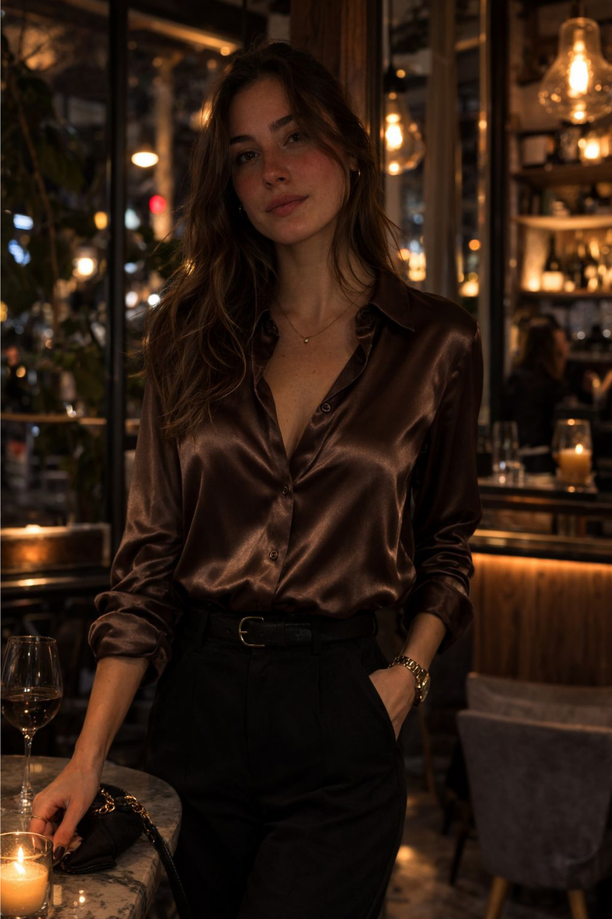 sunfyre  KADIN Kahverengi Uzun Kollu Saten Gömlek SUN258 - Görsel 3