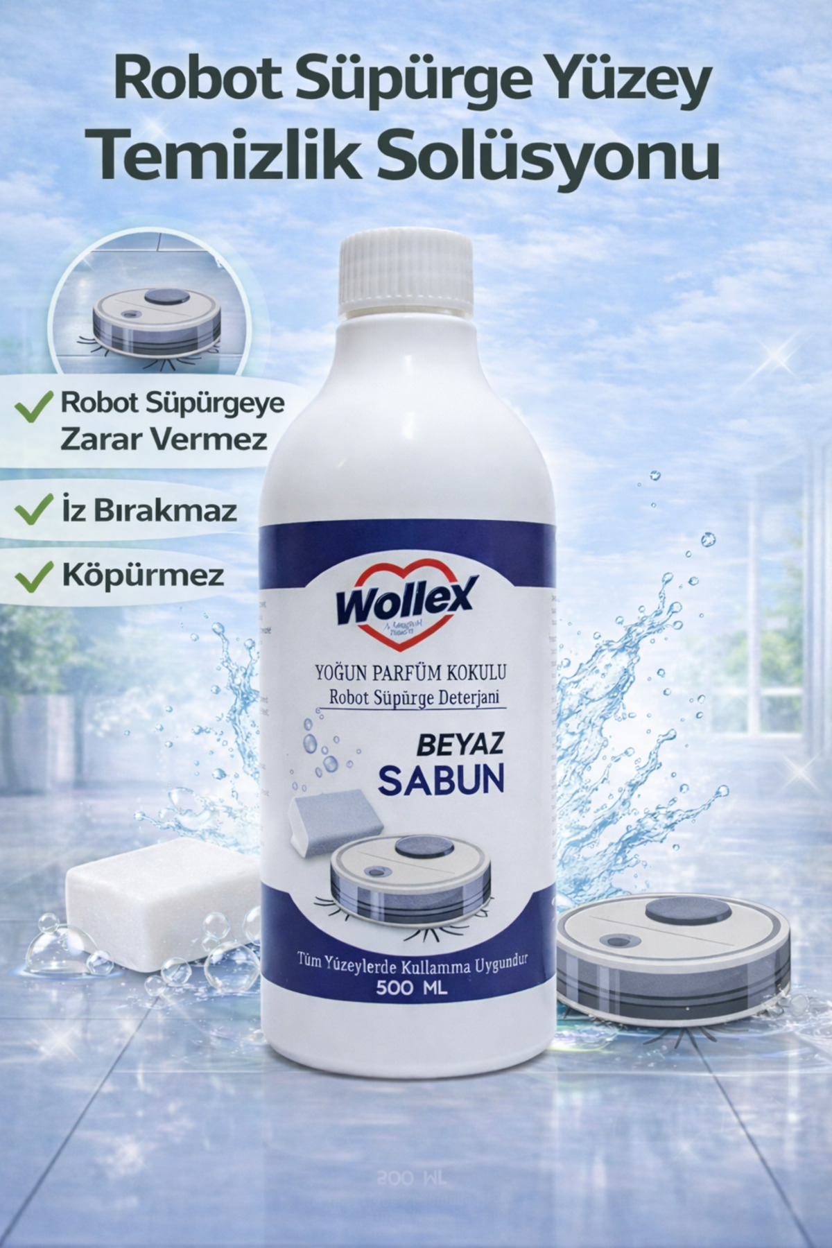WOLLEX Robot Süpürge Yüzey Temizleyici Beyaz Sabun Kokulu Temizlik