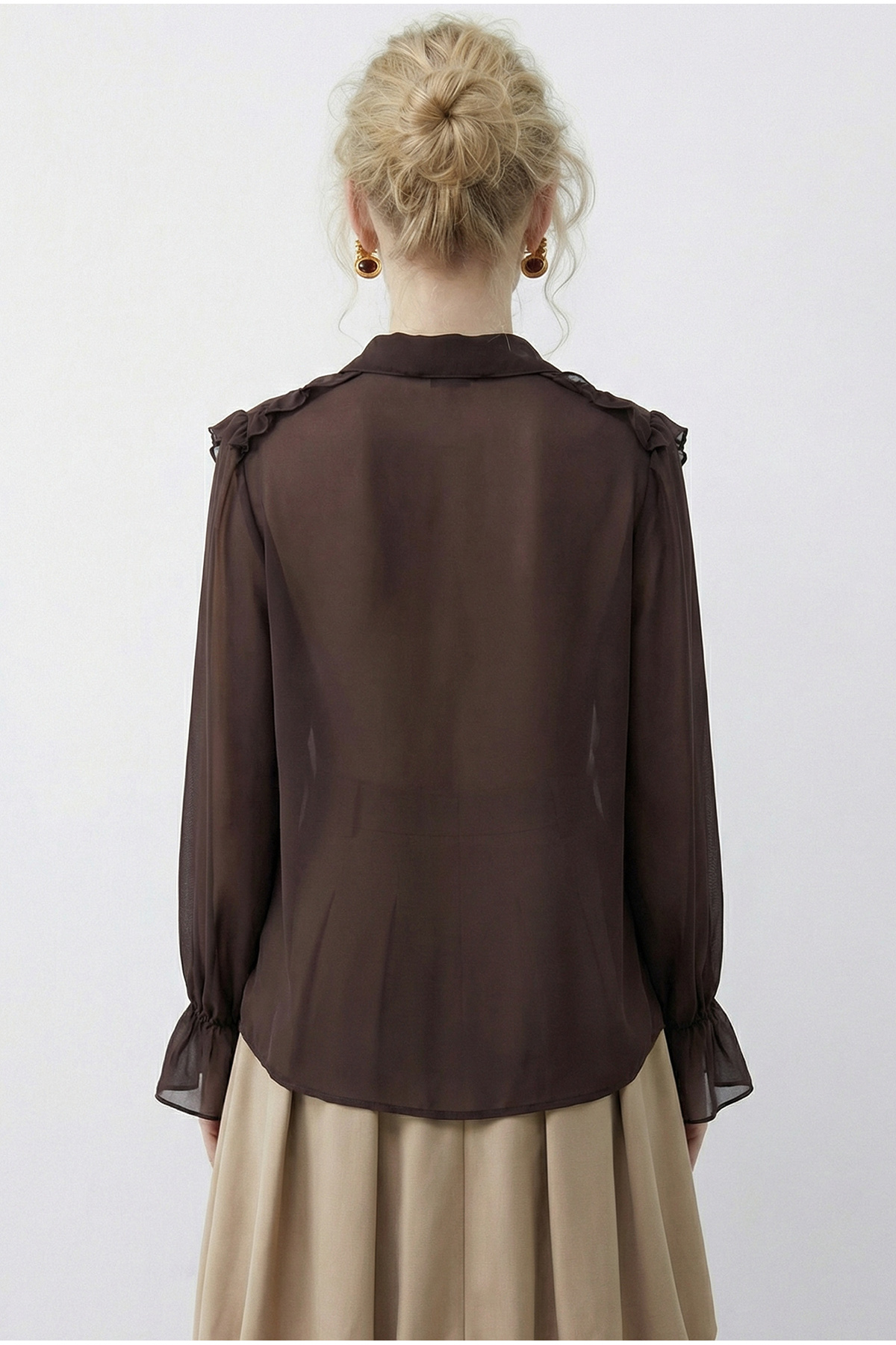 Bianco Lucci  Kadın Volan Detaylı Transparan Şifon Gömlek 0945 60283964 - Görsel 4