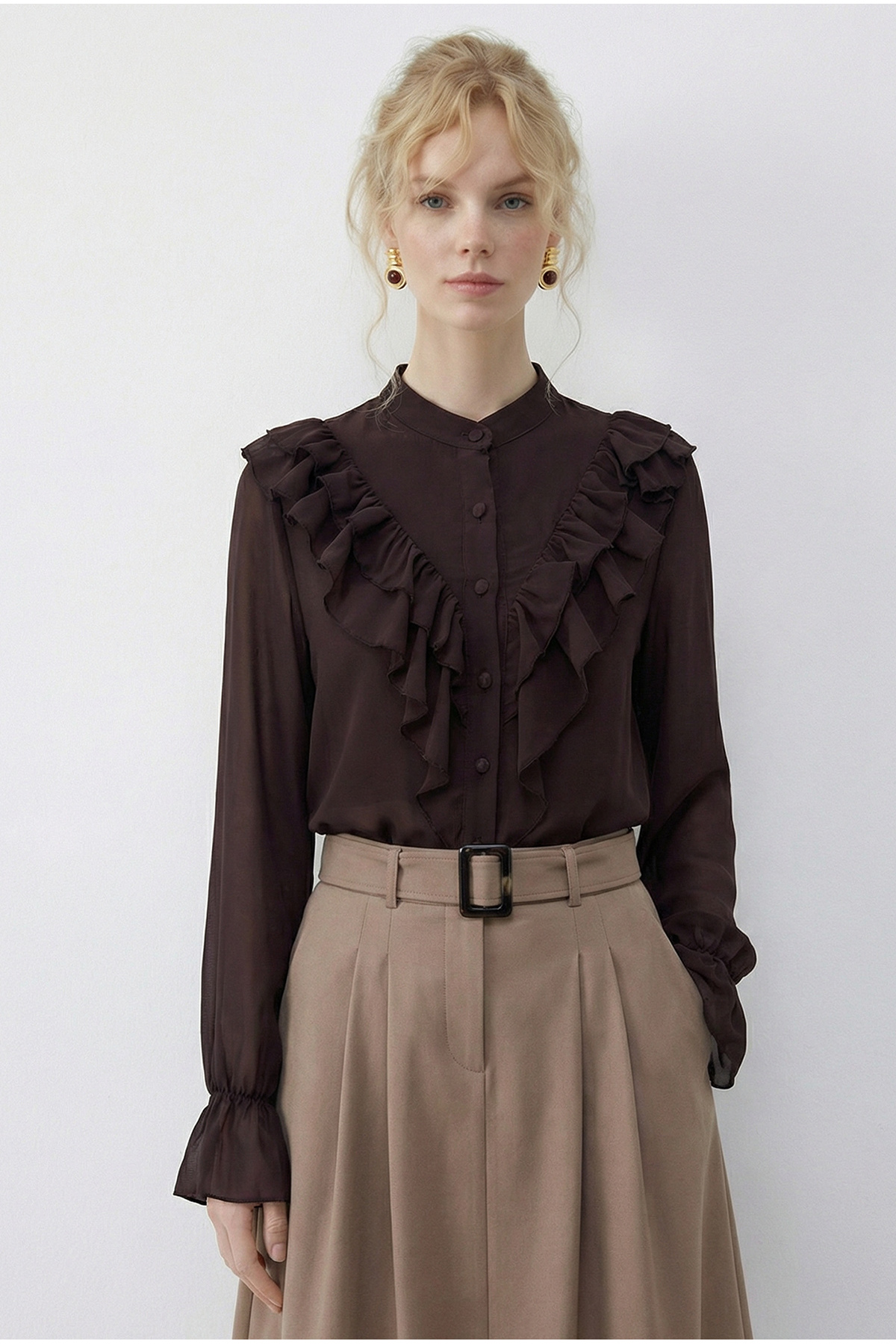 Bianco Lucci  Kadın Volan Detaylı Transparan Şifon Gömlek 0945 60283964 - Görsel 2