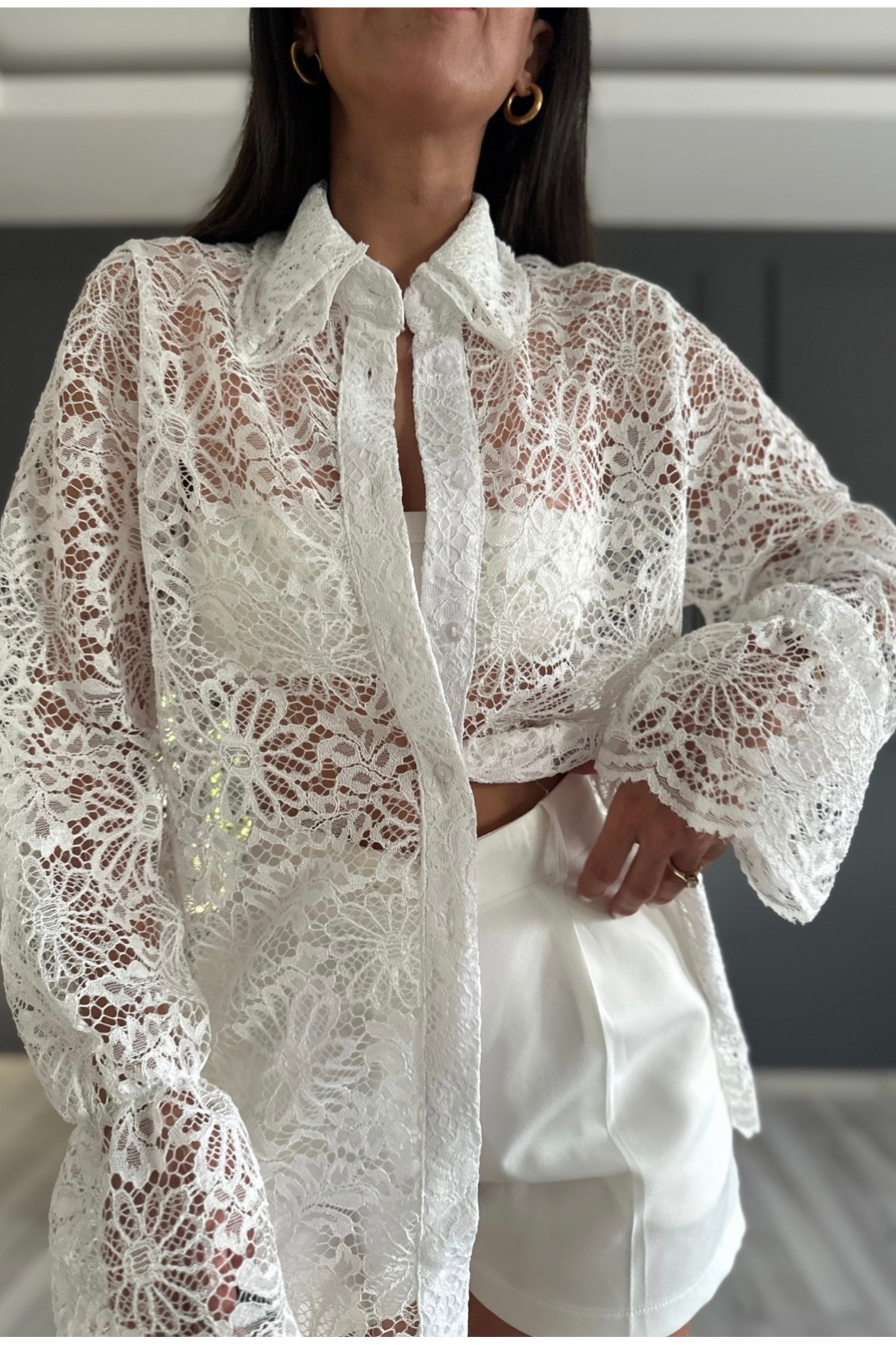 Be Best  Kadın Beyaz Güpürlü Uzun Kemerli Dantel Gömlek BE381 - Görsel 2