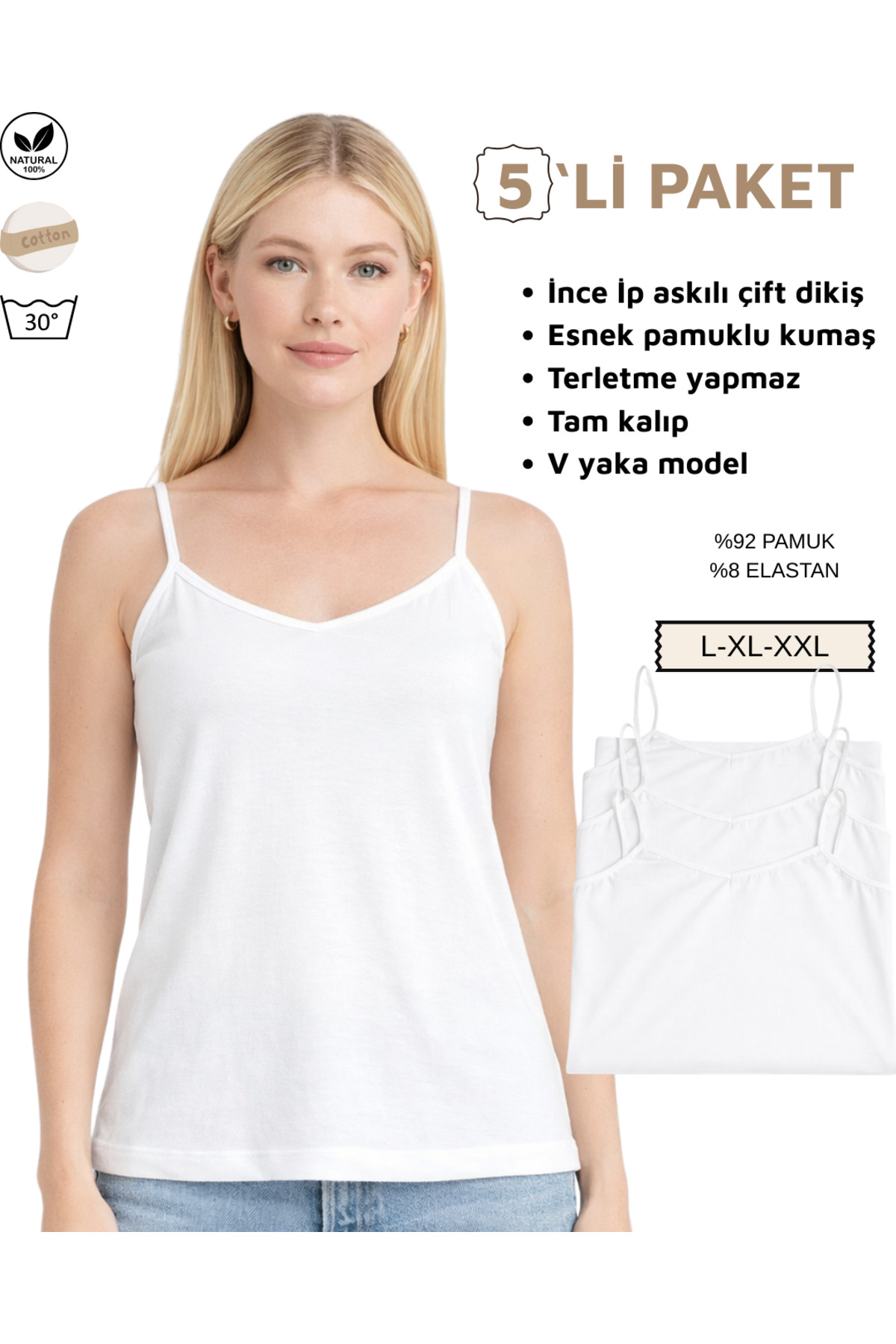 Women's 5-piece Cotton Singlet with Rope Strap 95% Cotton Slim Fit Basic