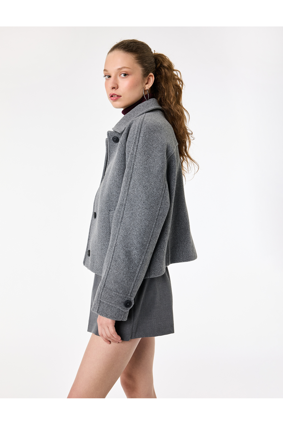 Koton  Uzun Kollu Cepli Düğmeli Klasik Yaka Kaşe Ceket - Görsel 3
