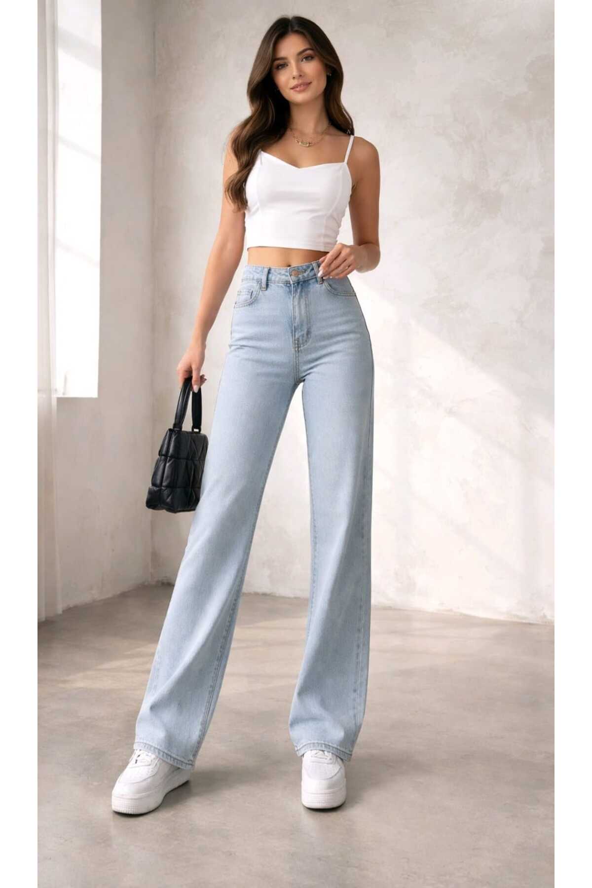 Ramrod My End 90's Kar Yıkama Mavi Likralı Süper Yüksek Bel Salaş Jeans Palazzo Pantolon görsel 3