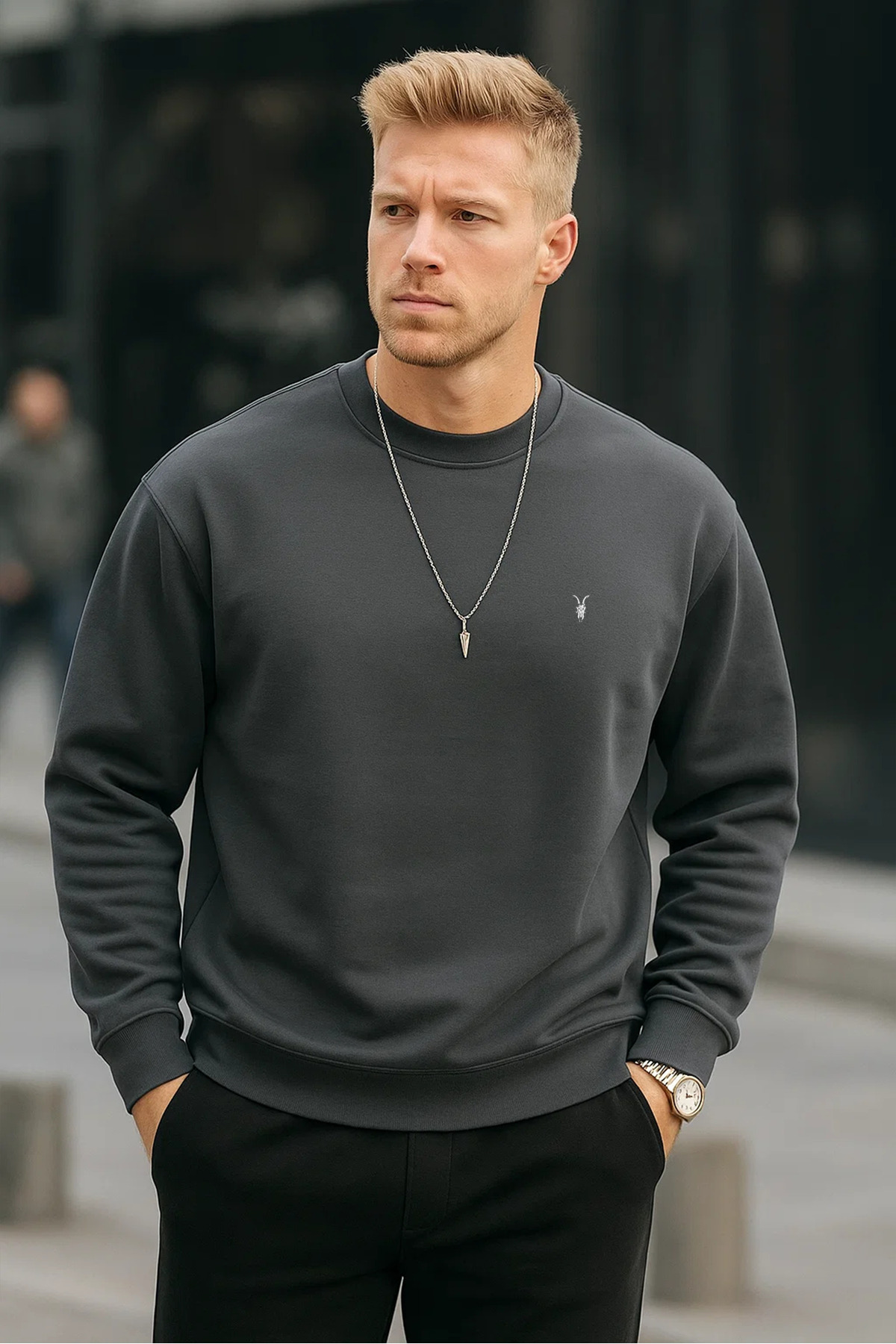 COMBİNE MİCHAİL  Füme Renk Basic Bisiklet Yaka Relaxed Regular Erkek Sweatshirt