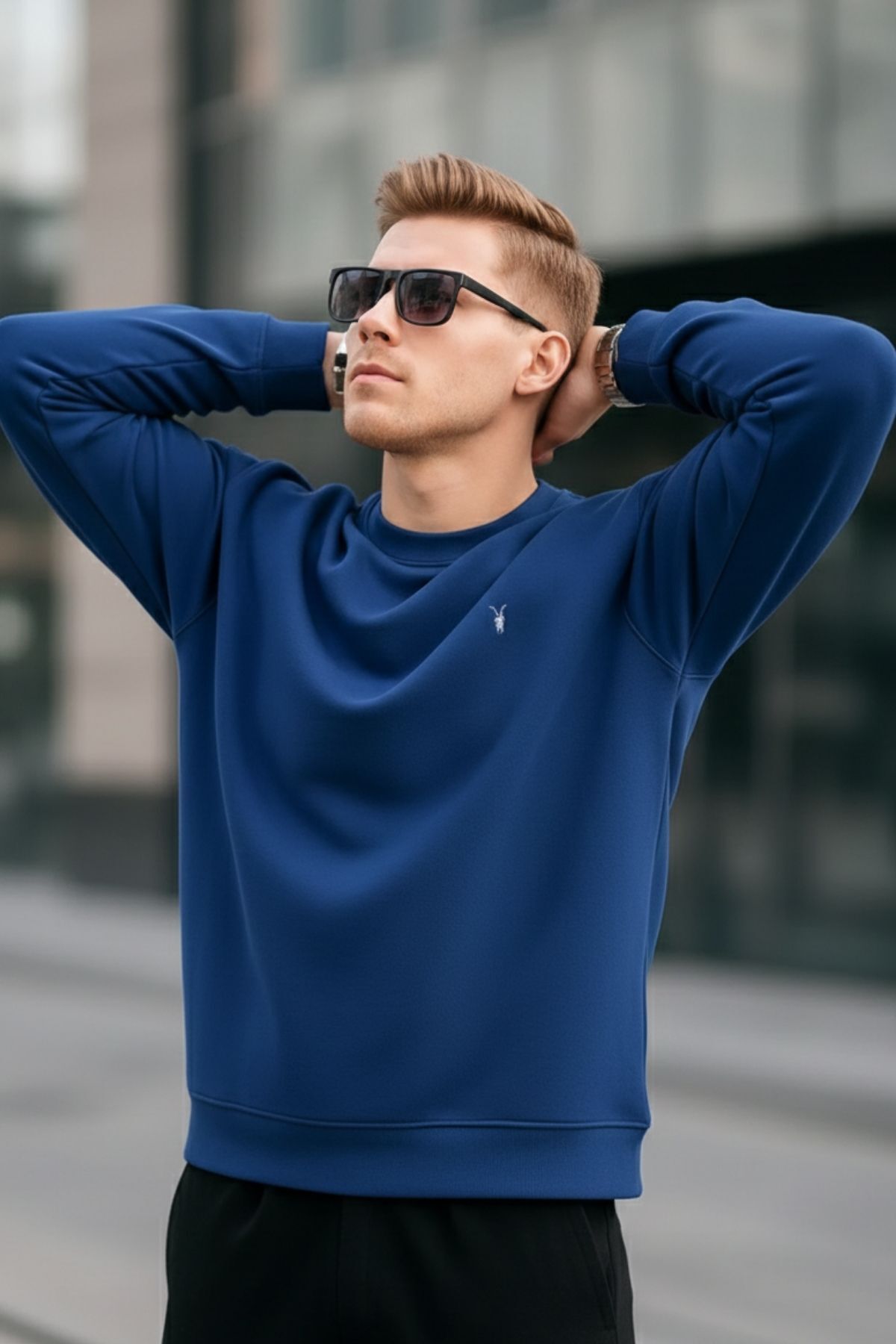 COMBİNE MİCHAİL  İndigo Renk Basic Bisiklet Yaka Relaxed Regular Erkek Sweatshirt - Görsel 3