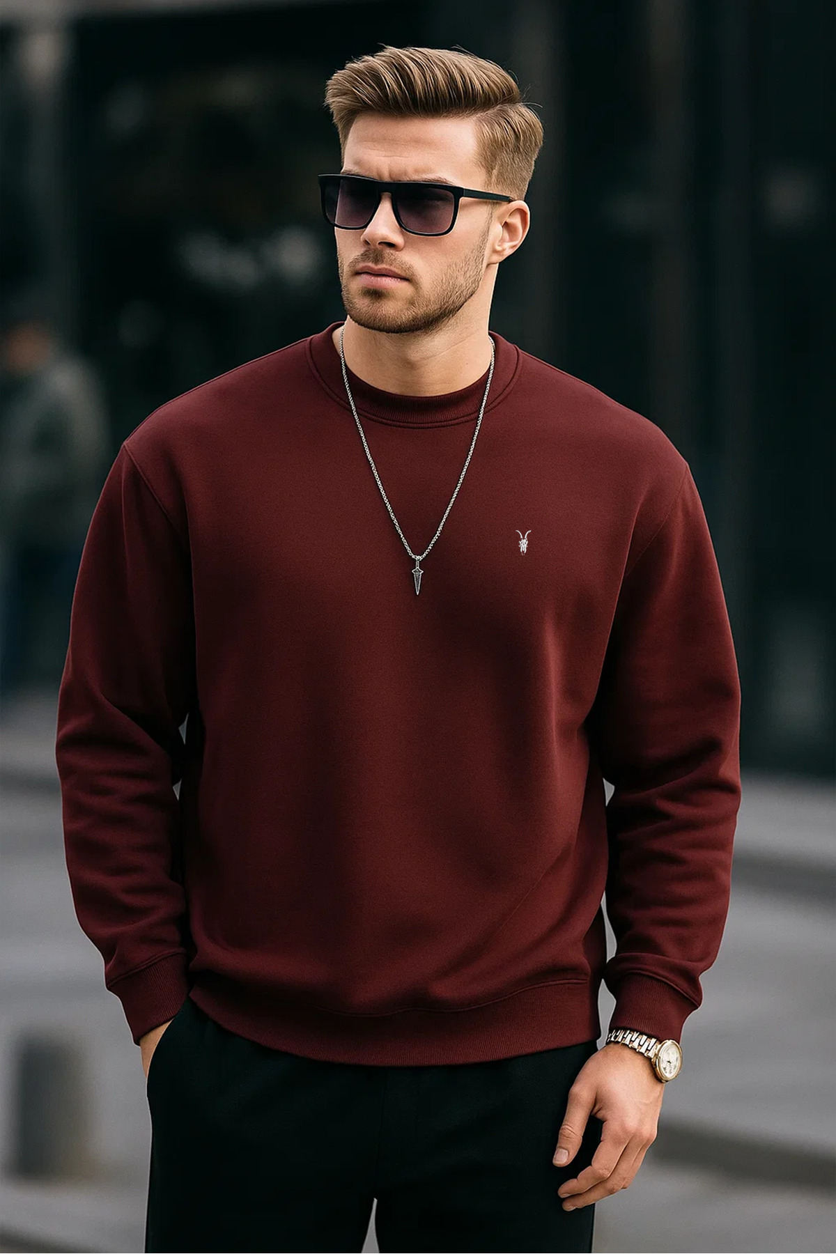 Burgundy Color Basic Crew Neck Relaxed Regular Men's Sweatshirt