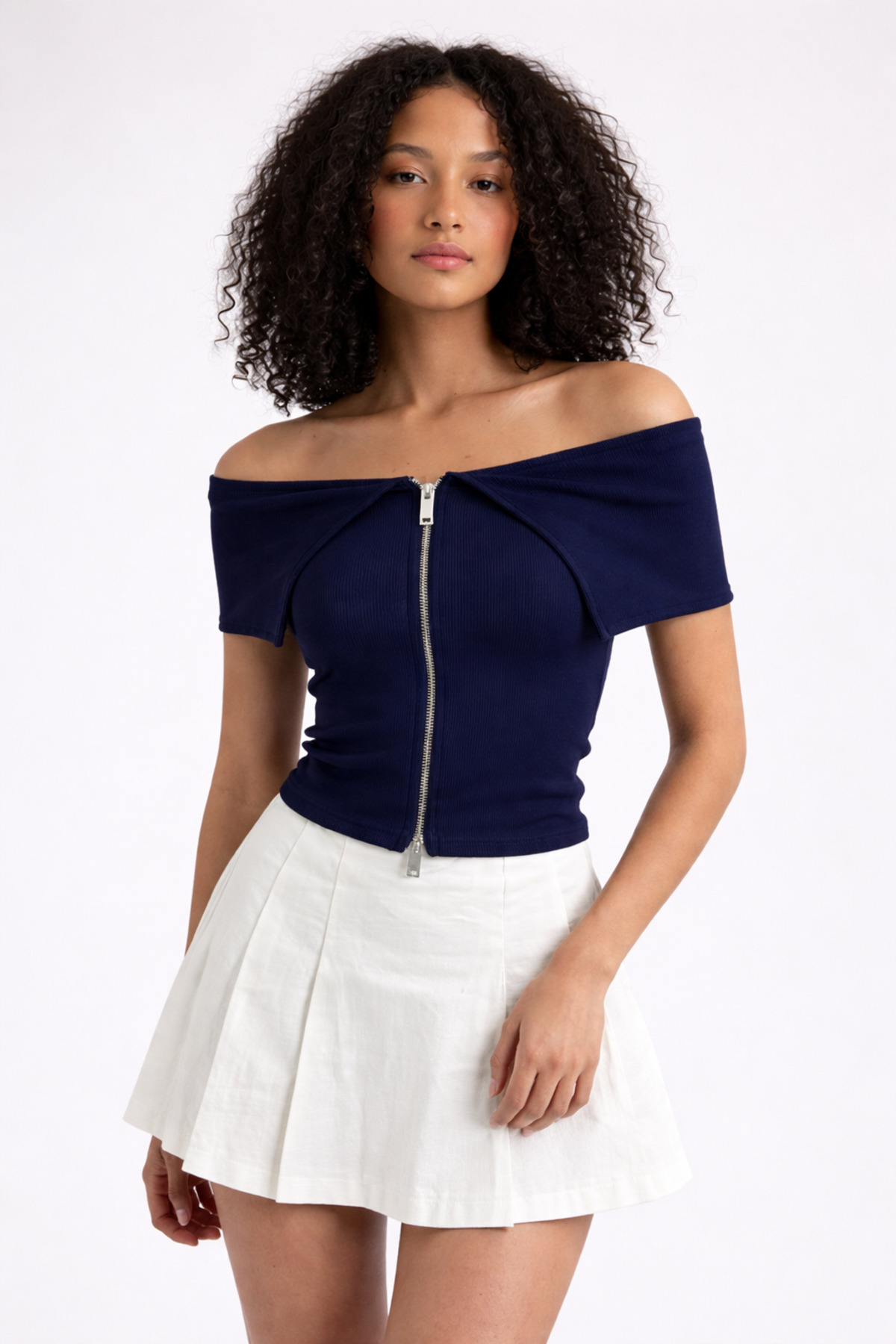 İLKCET MODA Lacivert Fermuarlı Madonna Yaka Ottoman Crop Bluz