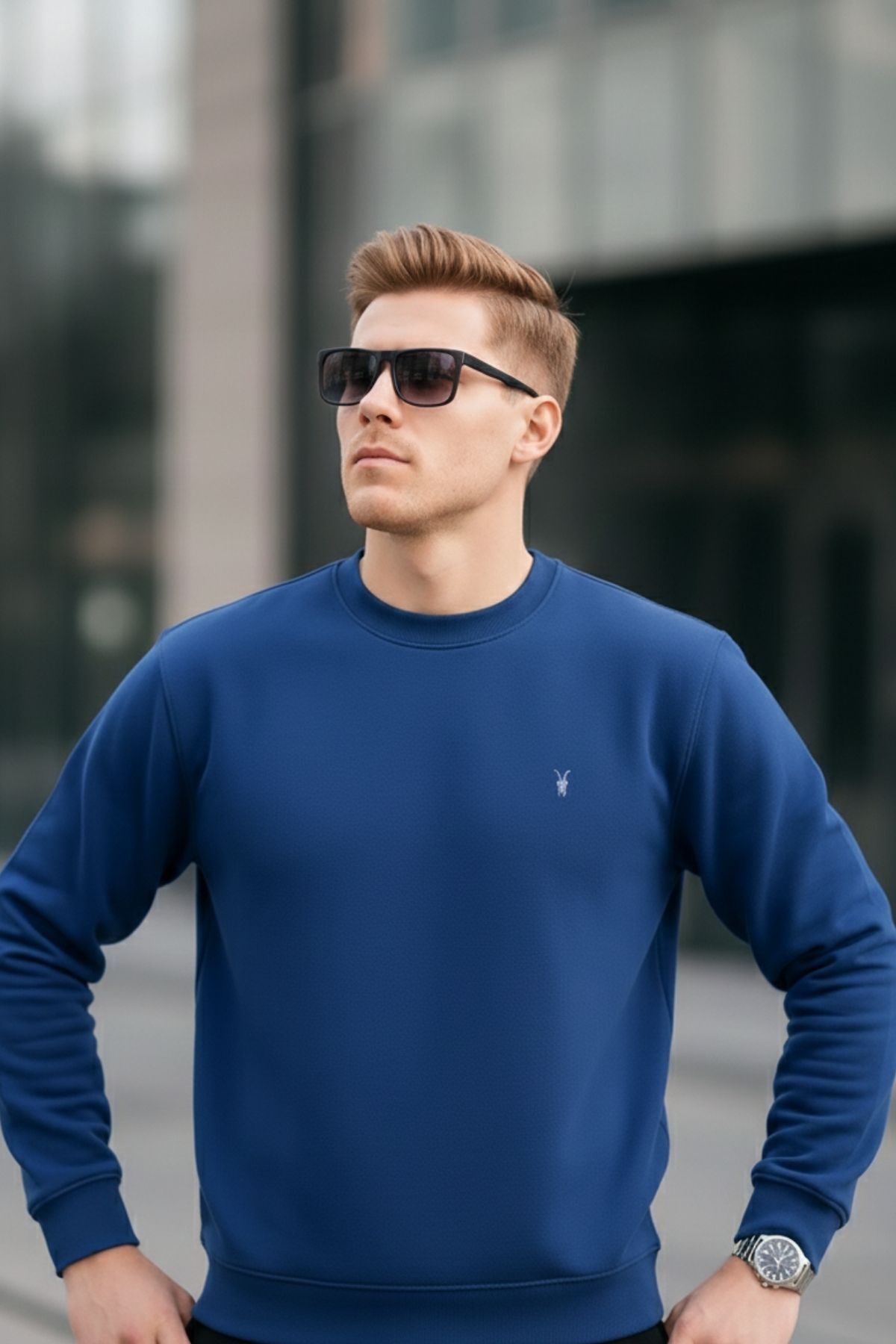 COMBİNE MİCHAİL  İndigo Renk Basic Bisiklet Yaka Relaxed Regular Erkek Sweatshirt - Görsel 5
