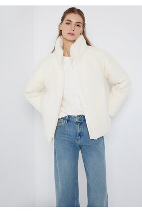 Mavi Dik Yaka Ekru Sherpa Ceket Loose Fit / Bol Rahat Kesim 1110818-80194