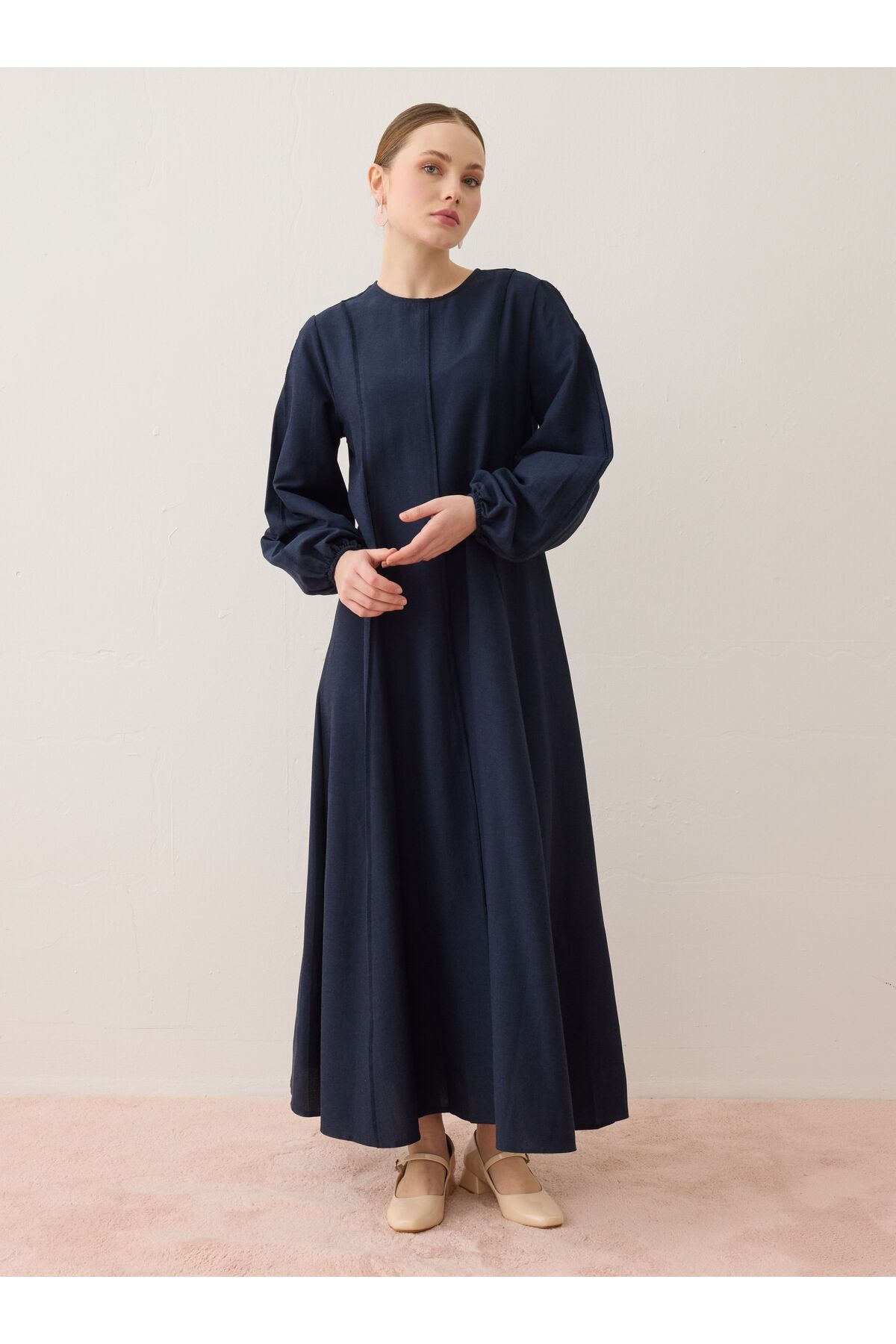 Benin Linen Blended Hijab Dress with Stitching Detail - Navy Blue - Benin
