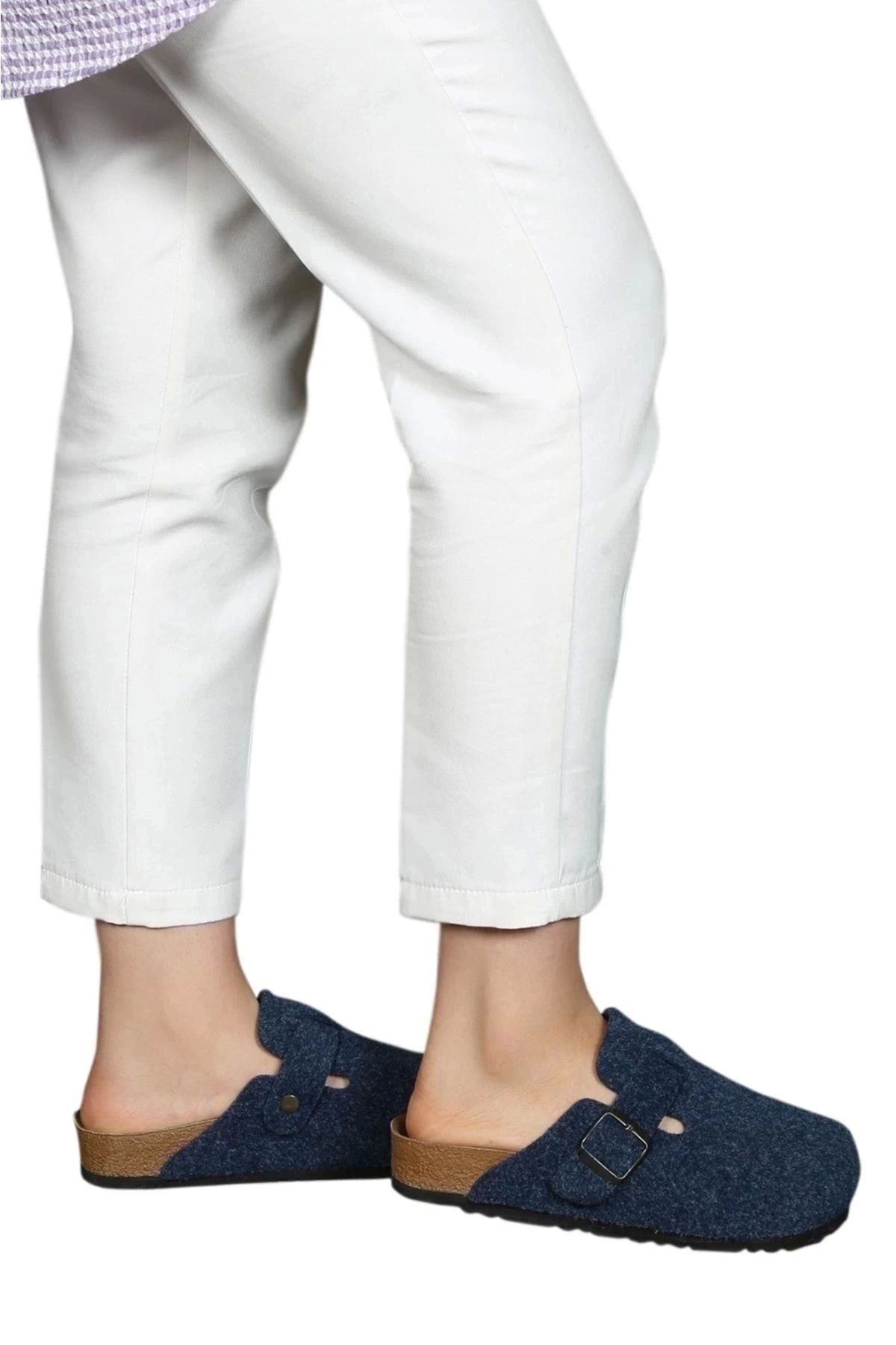 YILDIZ SHOES Ithal Unisex Kışlık Önü Kapalı Keçeli Günlük Sabo Ev Terliği Lacivert