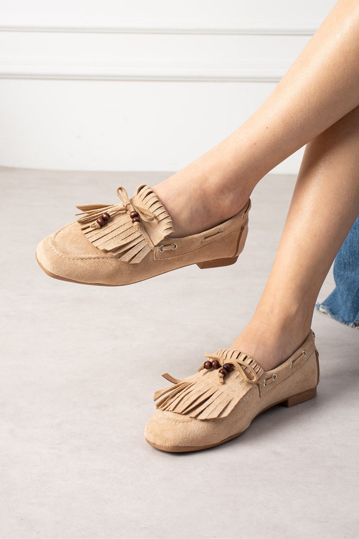 FUGA MODA Ravello Vizon Süet Boncuk Detaylı Püsküllü Bağcıklı Loafer Babet Günlük Ayakkabı görsel 2