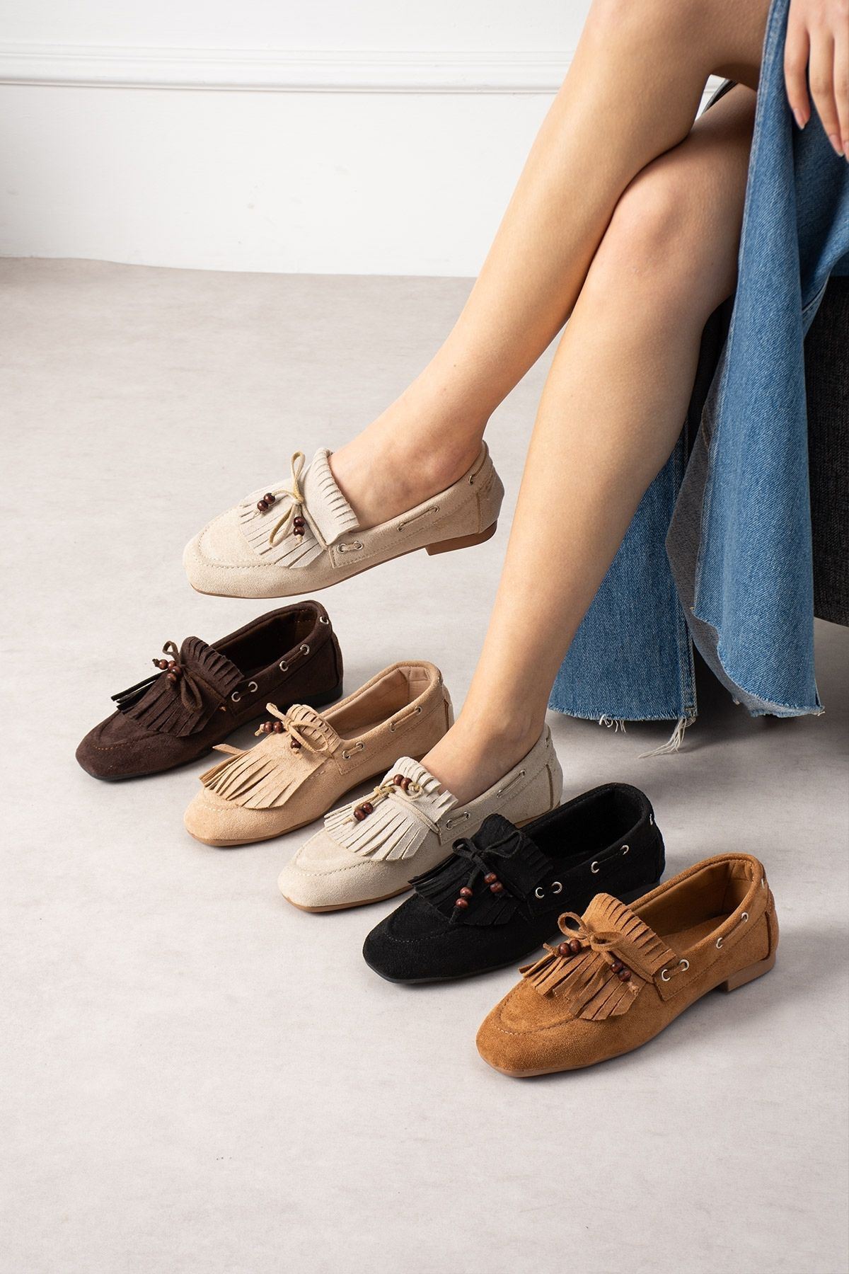 FUGA MODA Ravello Siyah Süet Boncuk Detaylı Püsküllü Bağcıklı Loafer Babet Günlük Ayakkabı görsel 5