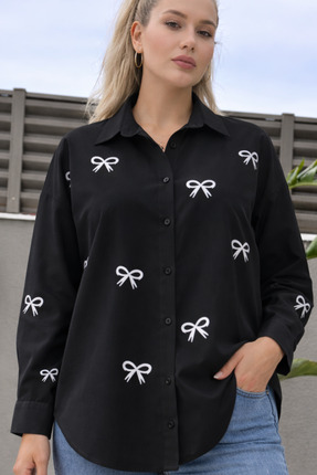 asalya Kadın Fiyonk Detay Siyah Basic Gömlek