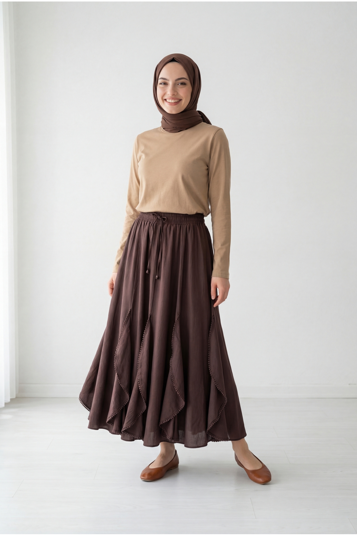 MİHRA STORE  Lavona Fırfırları Dantelli Çilek Etek-AA4274 Kahve